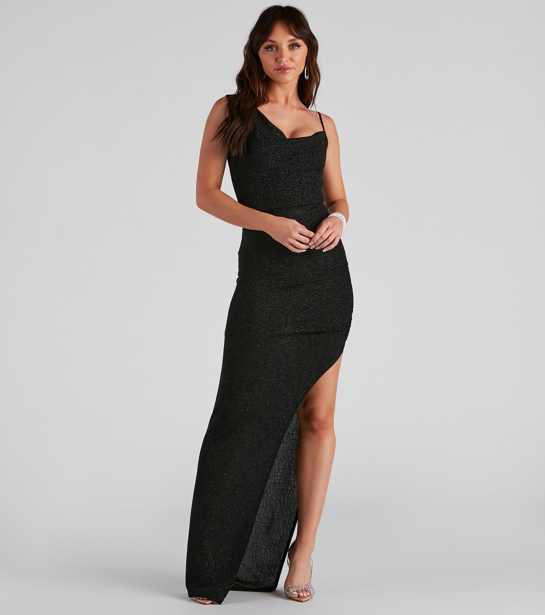 Ever Formal High Slit Glitter Dress - BLACK