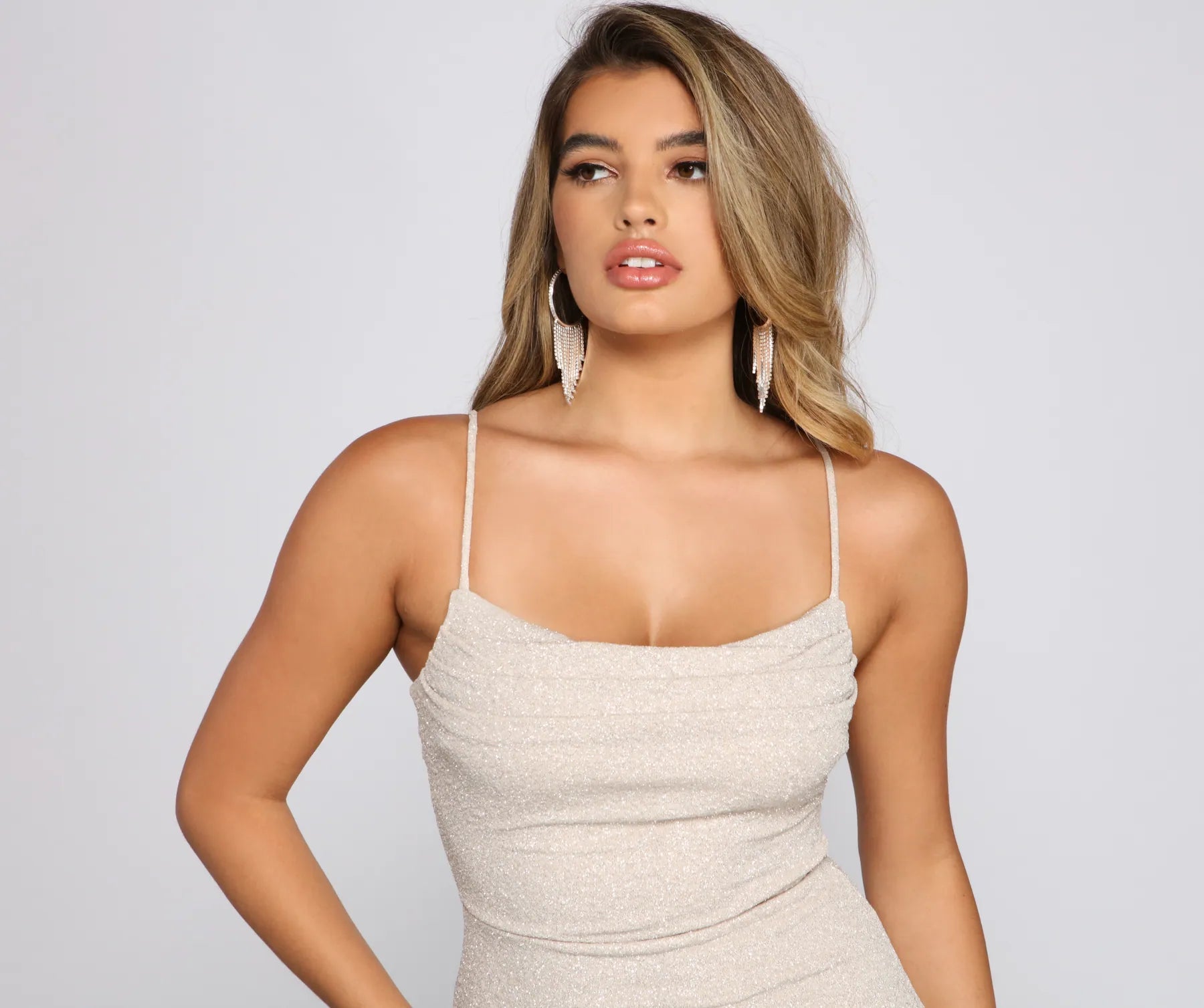 Lola Formal High Slit Glitzy Glitter Dress - IVORY