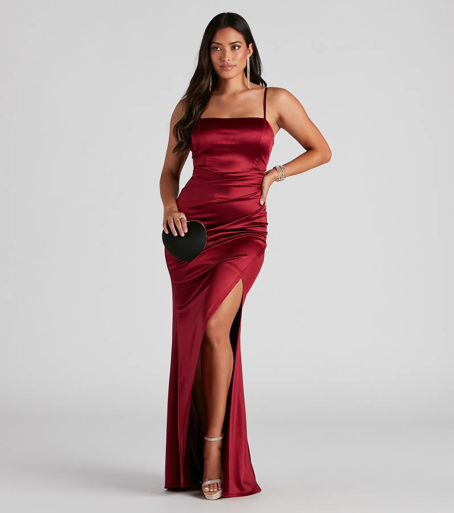 Evie Formal Ruched Satin Sleeveless Dress - BURGUNDY