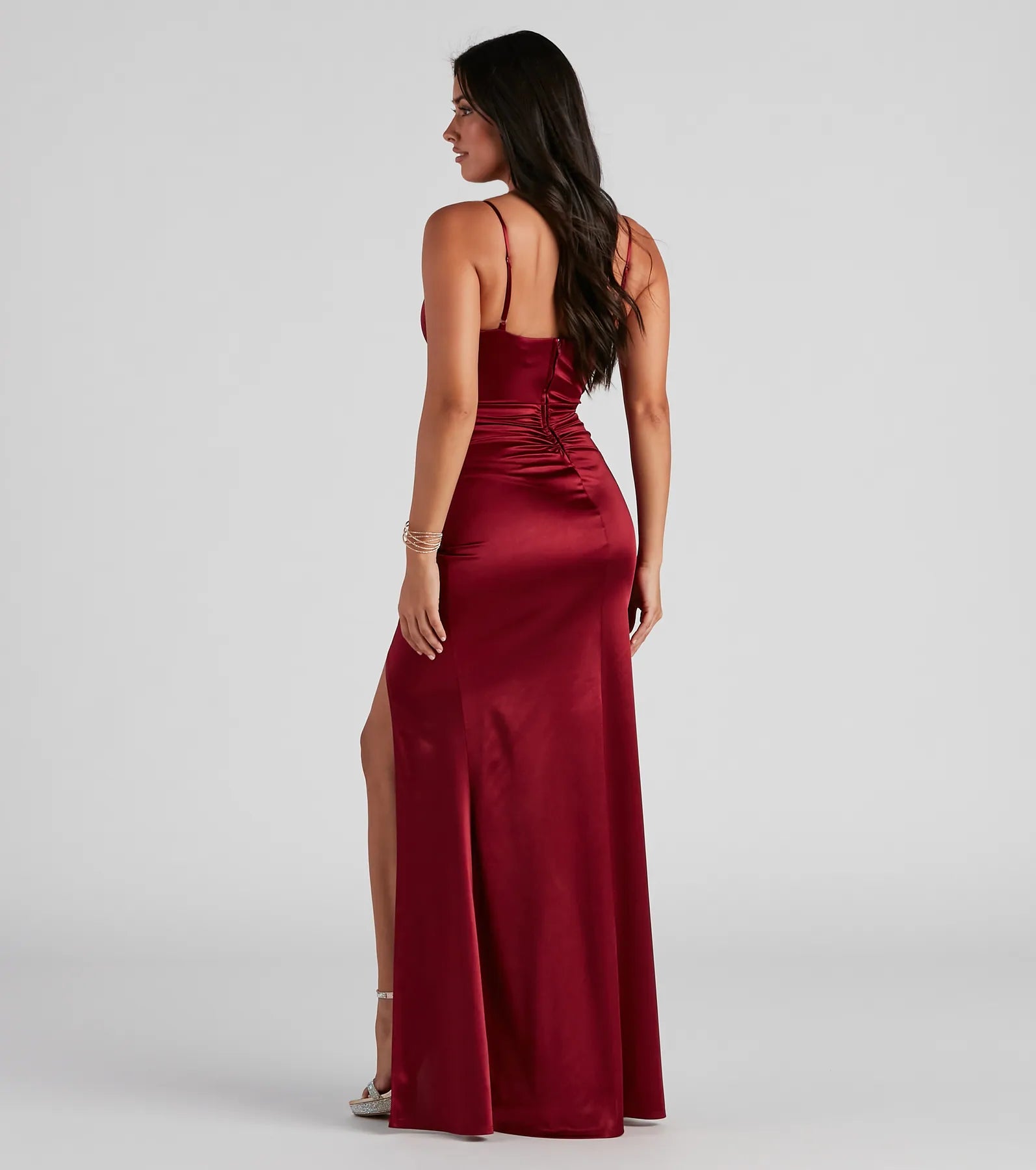 Evie Formal Ruched Satin Sleeveless Dress - BURGUNDY