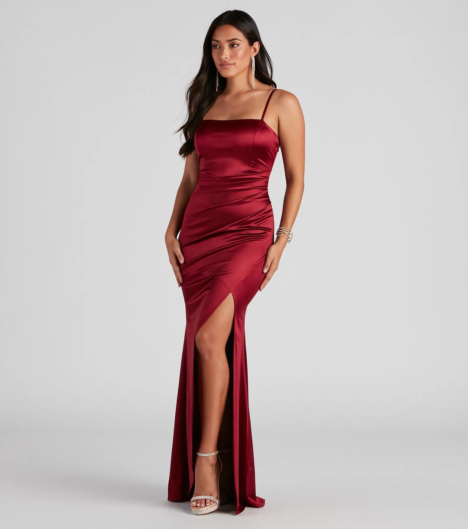 Evie Formal Ruched Satin Sleeveless Dress - BURGUNDY
