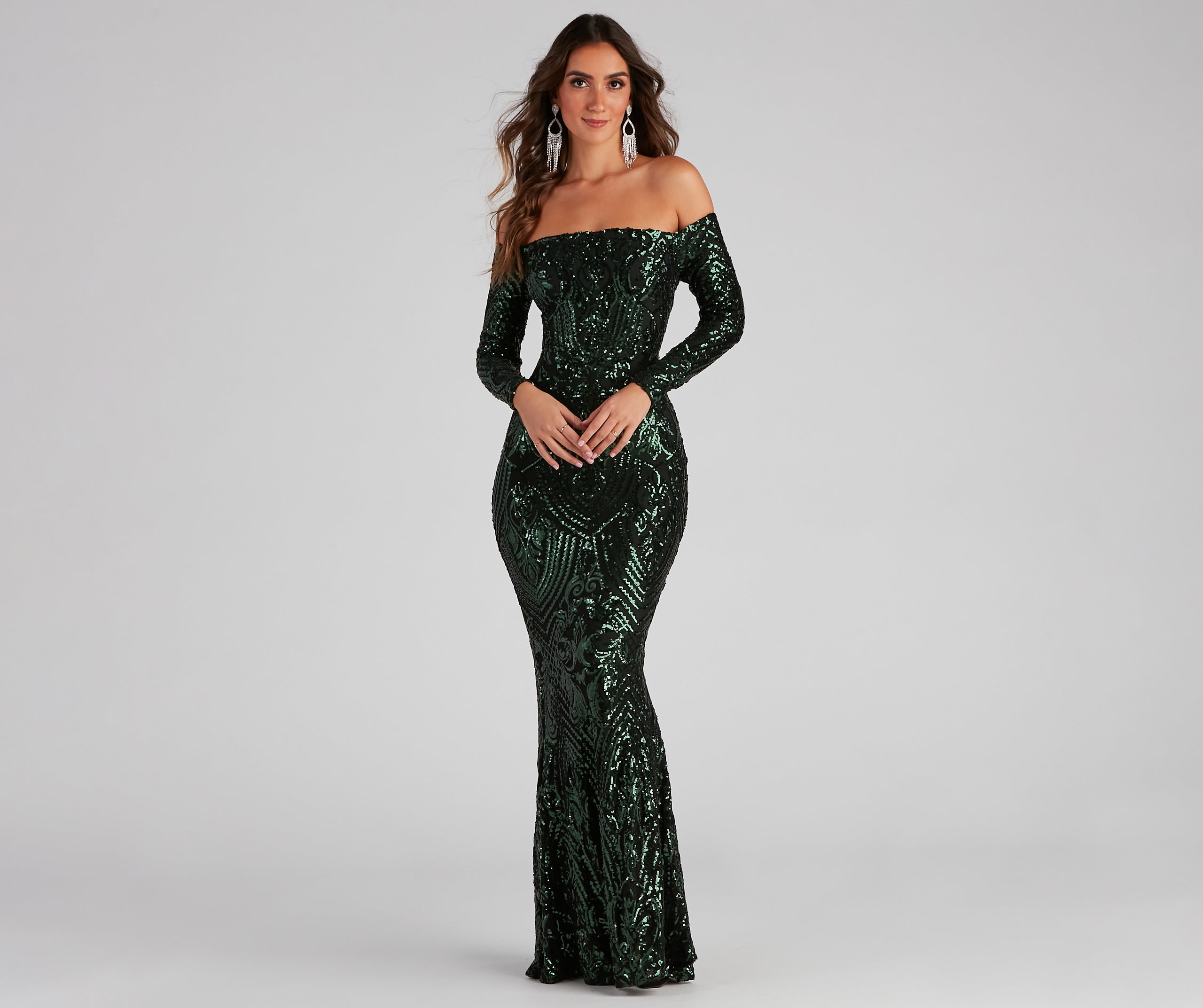 Sierra Sequin Off The Shoulder Formal Dress - HUNTER