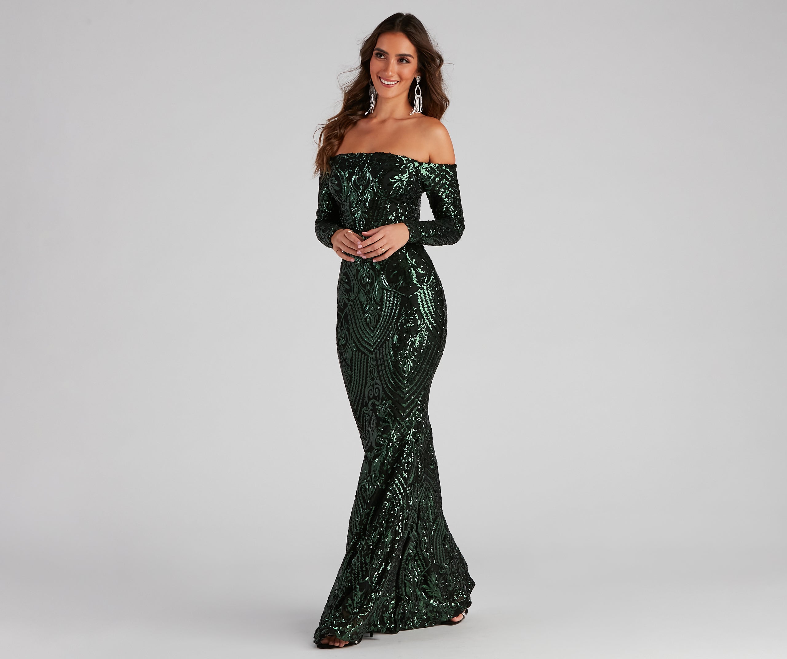 Sierra Sequin Off The Shoulder Formal Dress - HUNTER