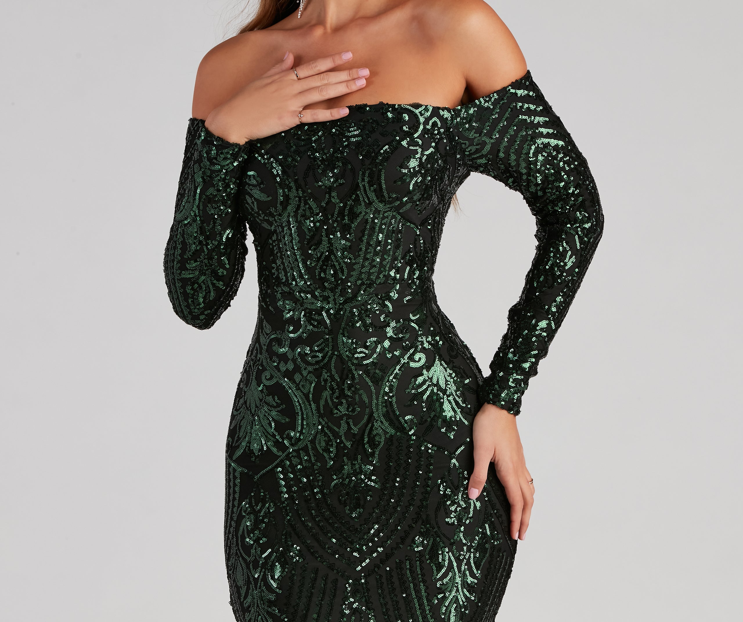 Sierra Sequin Off The Shoulder Formal Dress - HUNTER