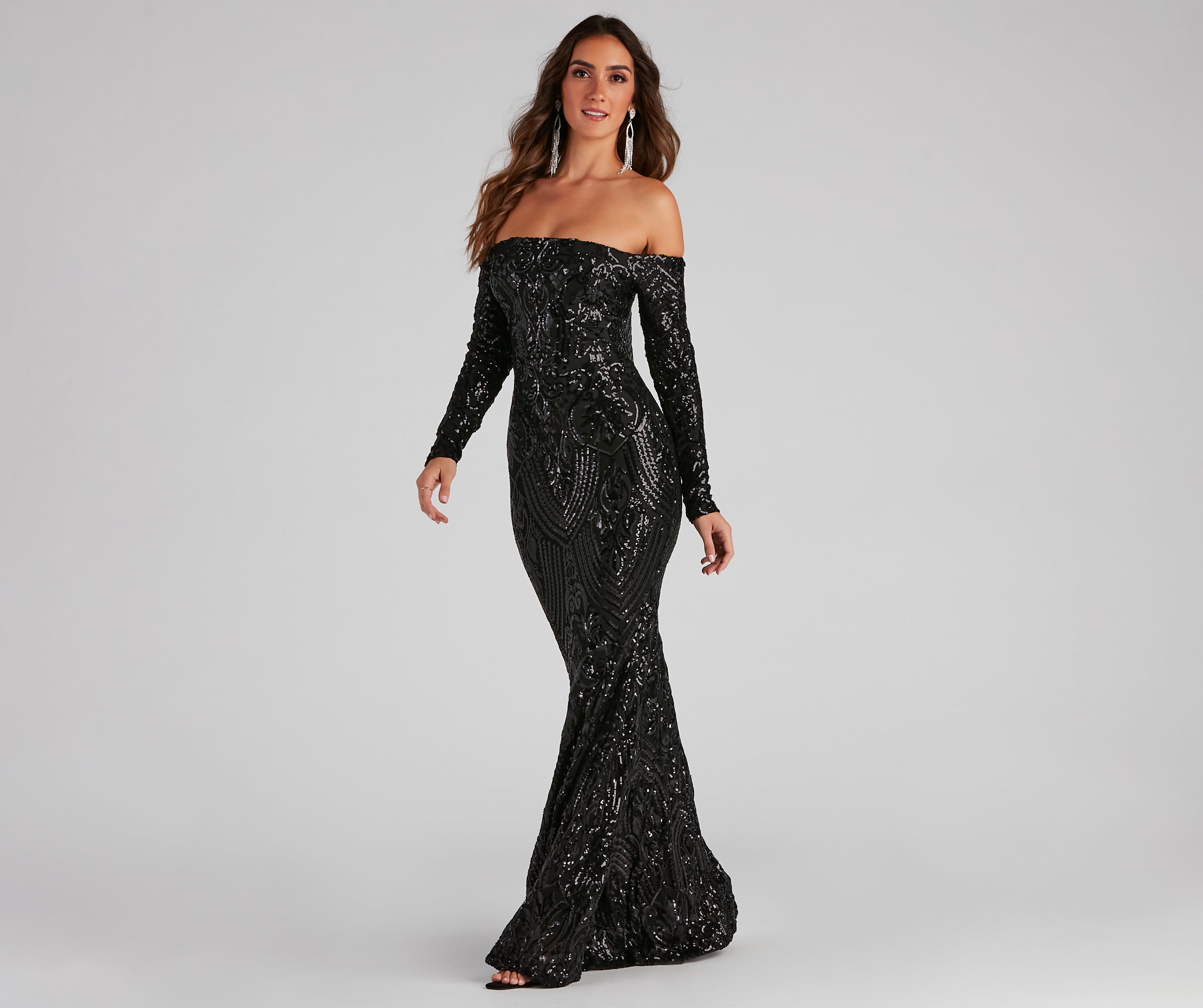 Sierra Sequin Off The Shoulder Formal Dress - BLACK