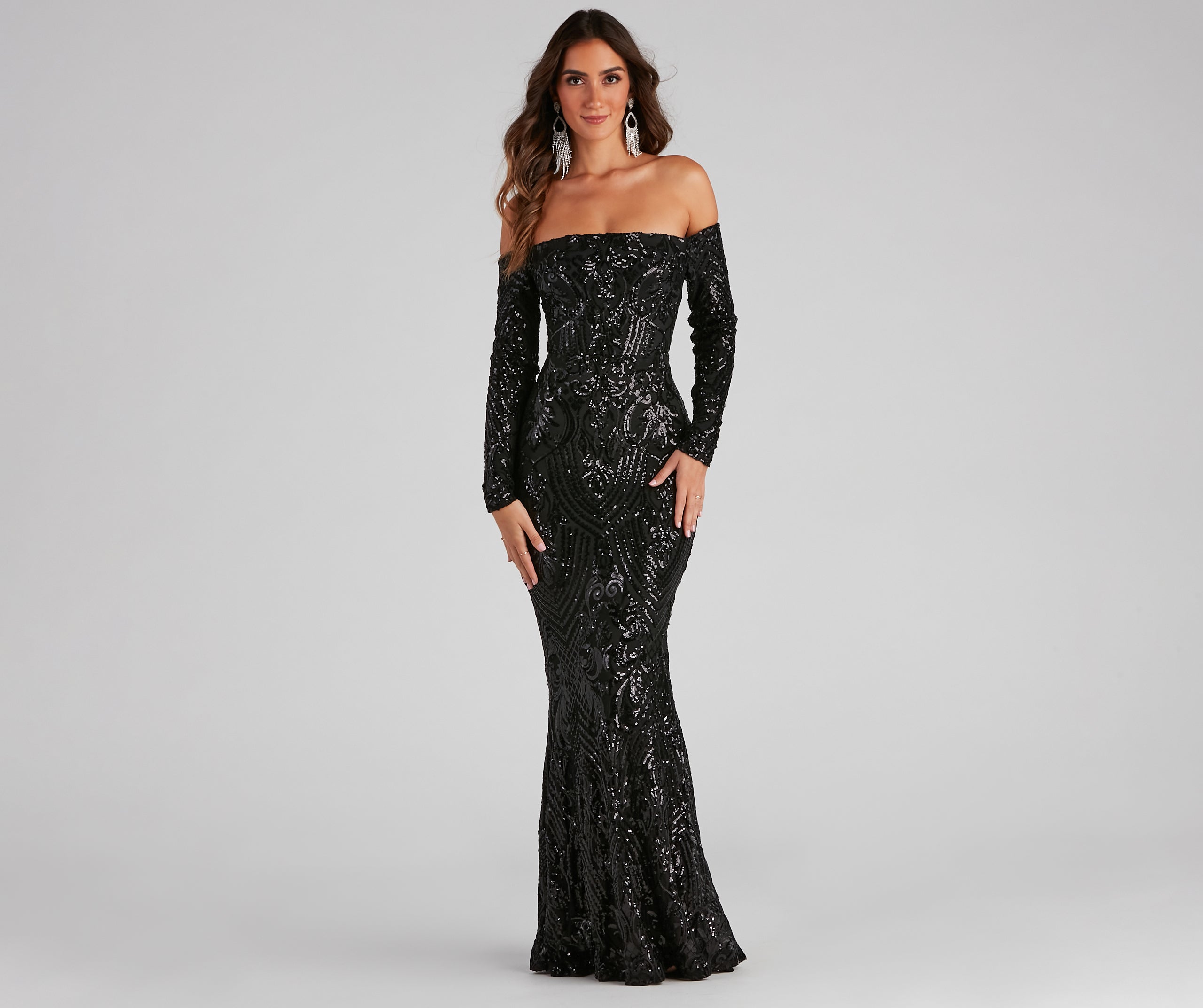 Sierra Sequin Off The Shoulder Formal Dress - BLACK