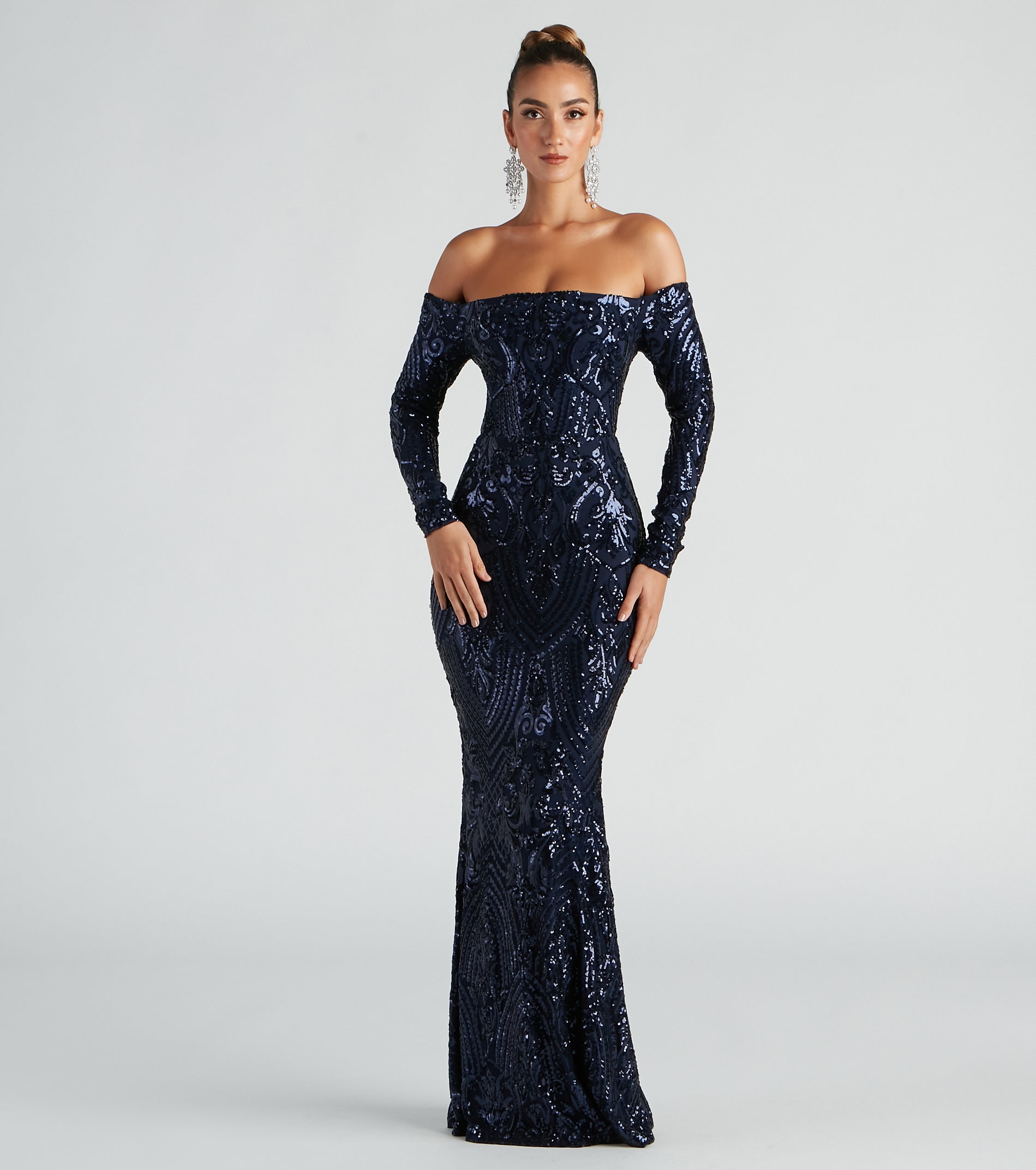 Sierra Sequin Off The Shoulder Formal Dress - NAVY