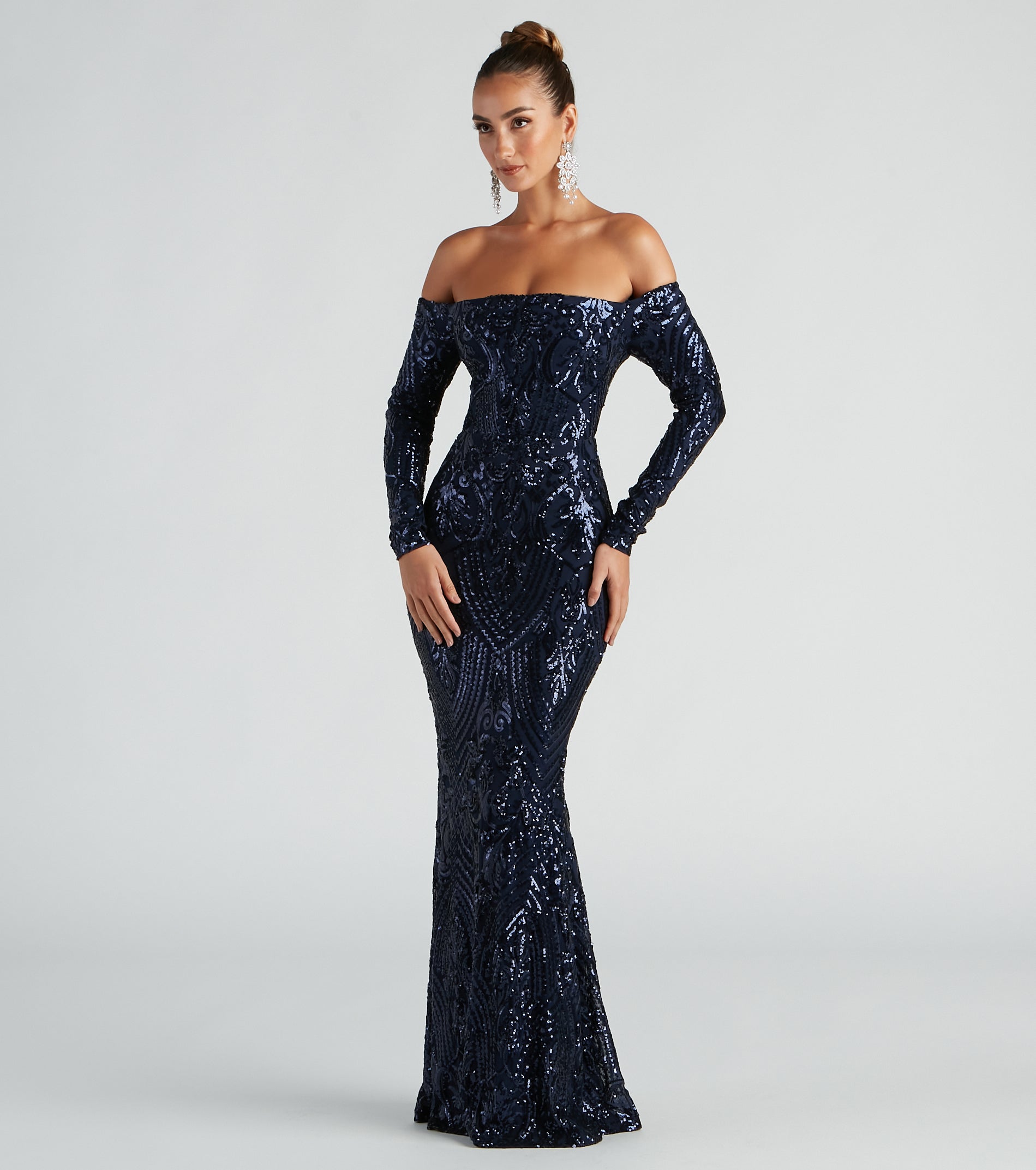 Sierra Sequin Off The Shoulder Formal Dress - NAVY