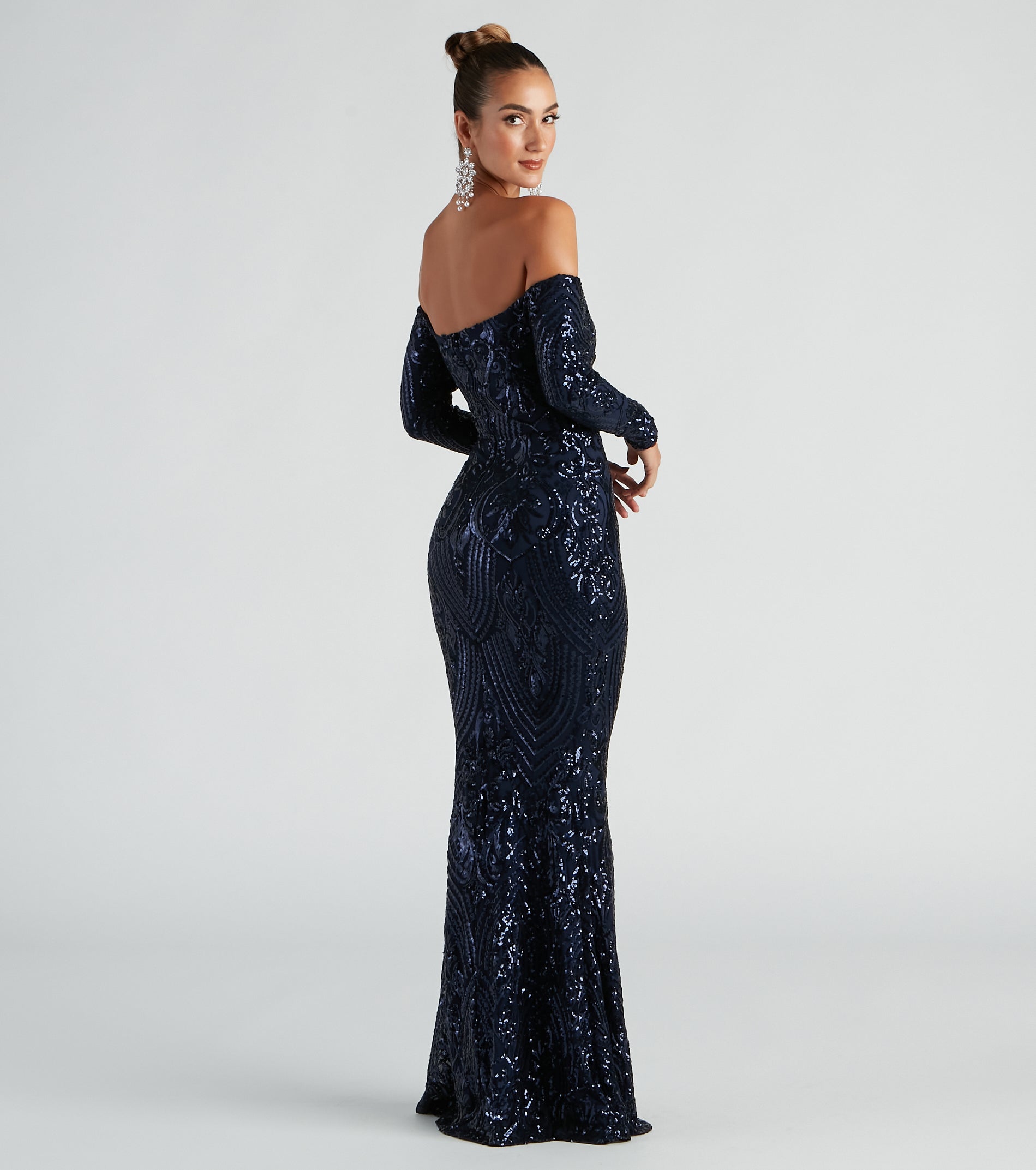 Sierra Sequin Off The Shoulder Formal Dress - NAVY