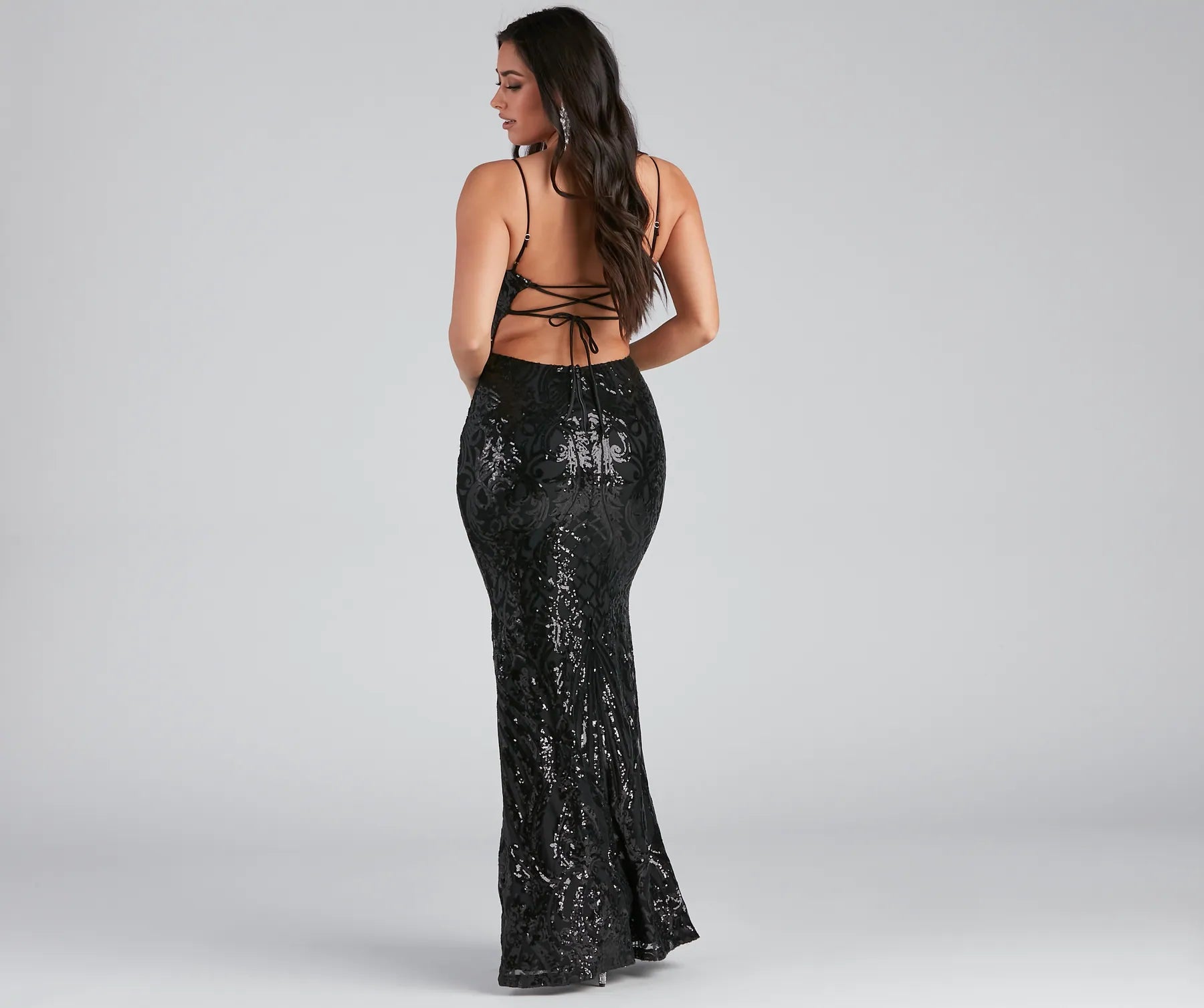 Serena Sequin Mesh Mermaid Dress - BLACK
