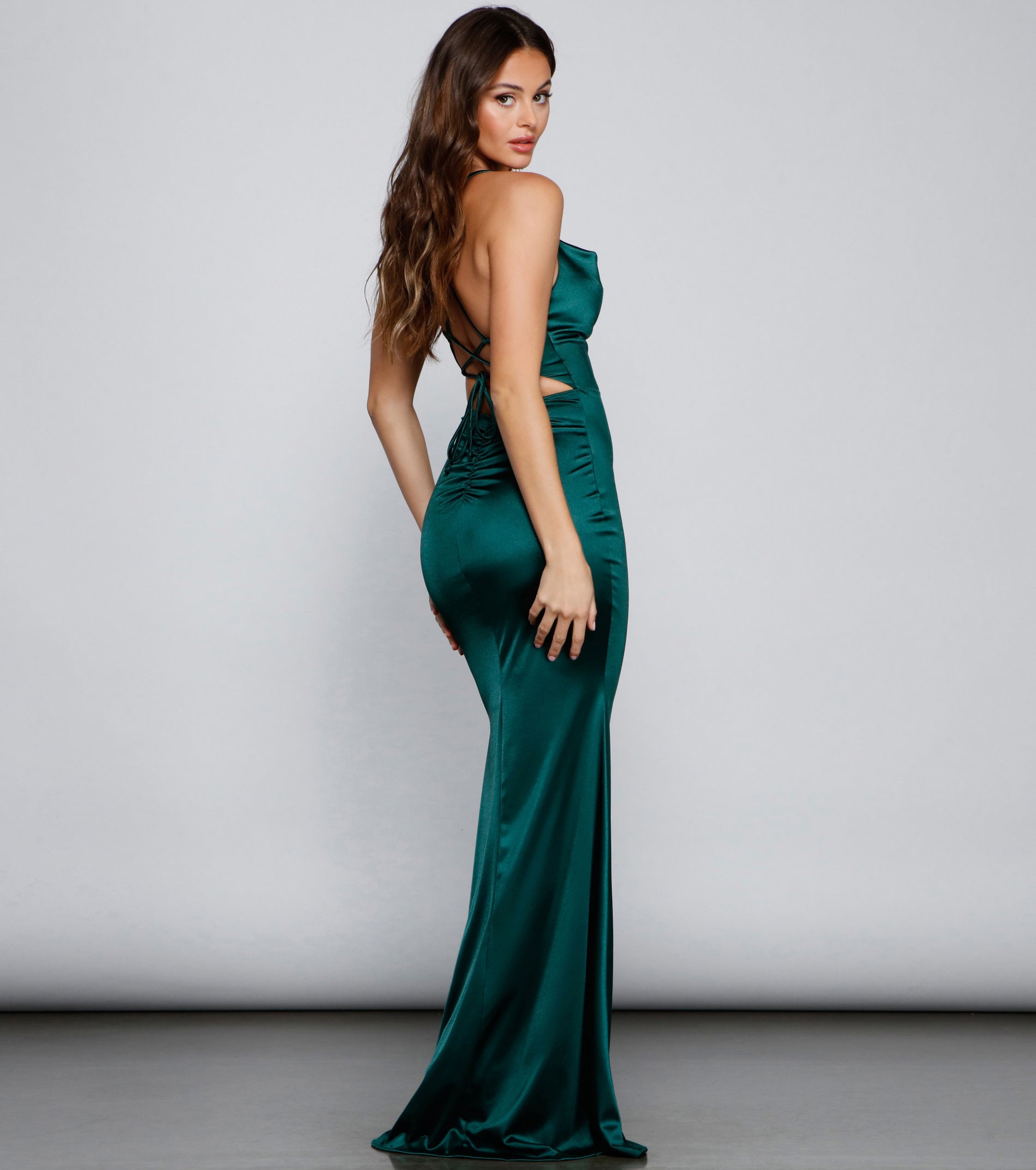 Selena Ruched Satin Mermaid Dress - HUNTER