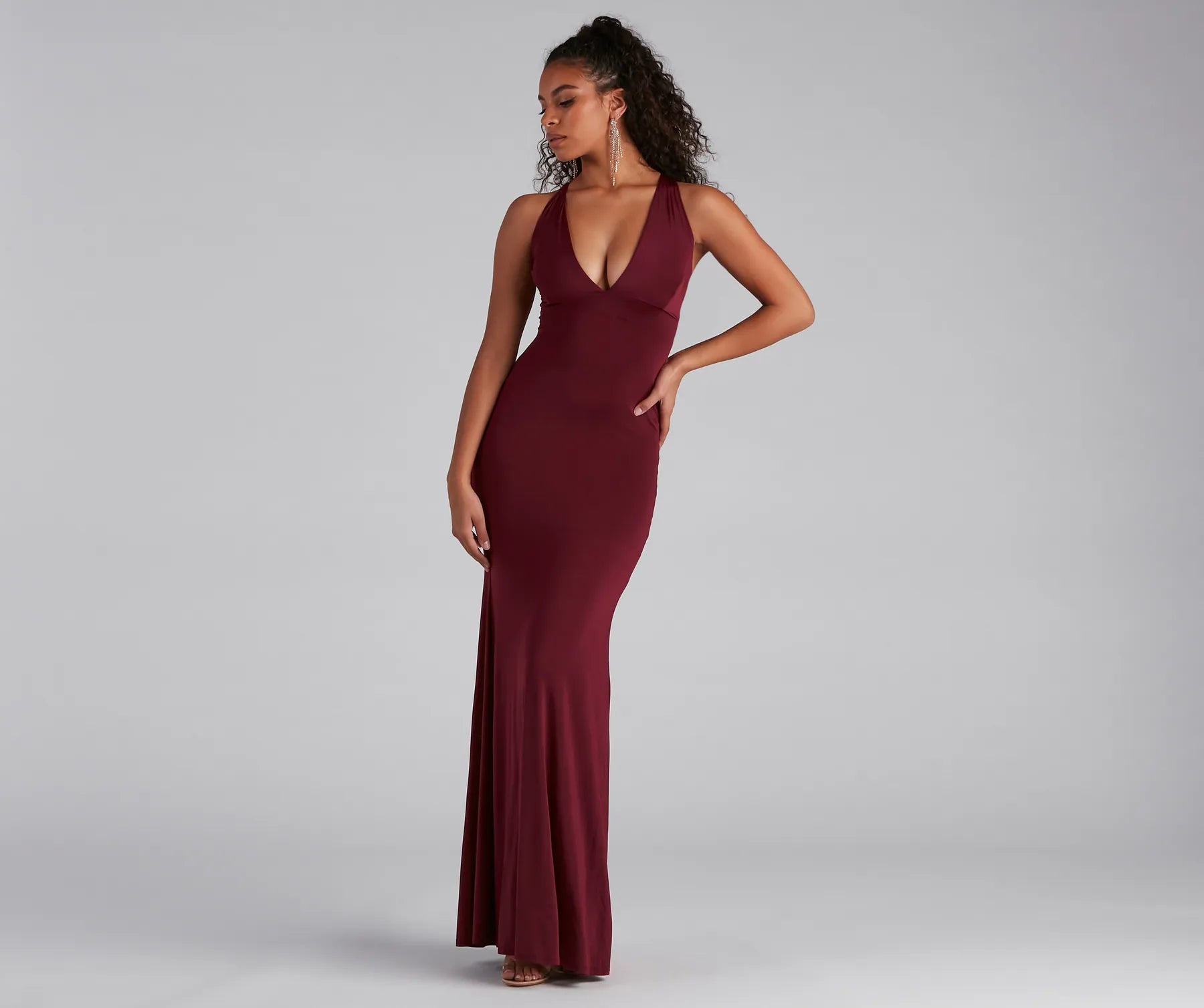 Kelsey Halter Lace-Up Mermaid Dress - BURGUNDY