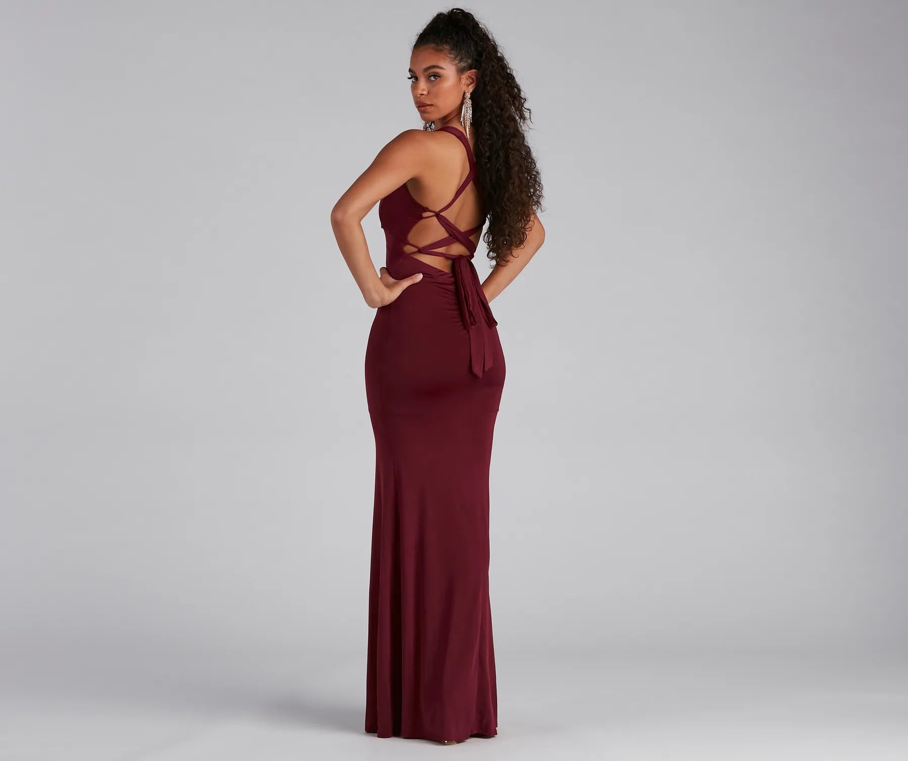 Kelsey Halter Lace-Up Mermaid Dress - BURGUNDY
