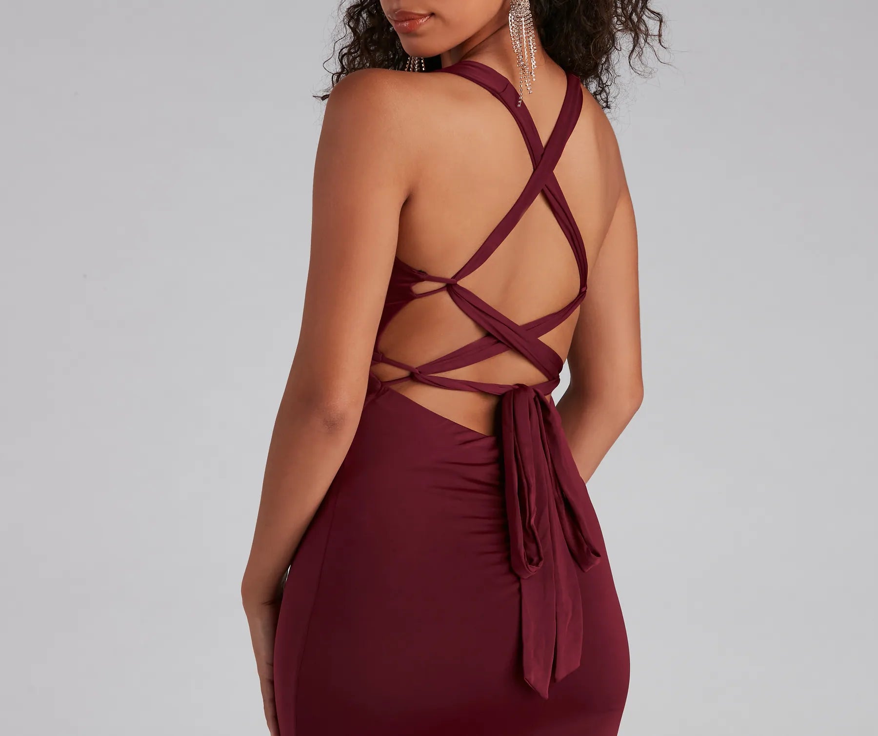 Kelsey Halter Lace-Up Mermaid Dress - BURGUNDY