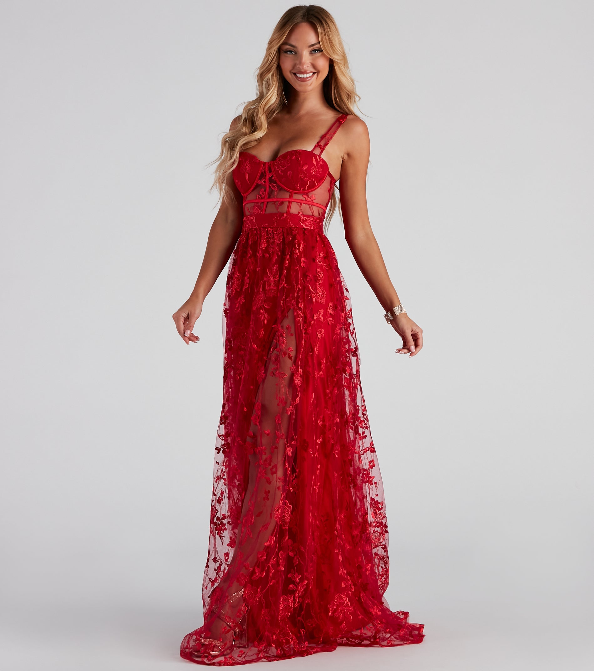 Alina Formal Illusion Lace A-Line Dress - RED