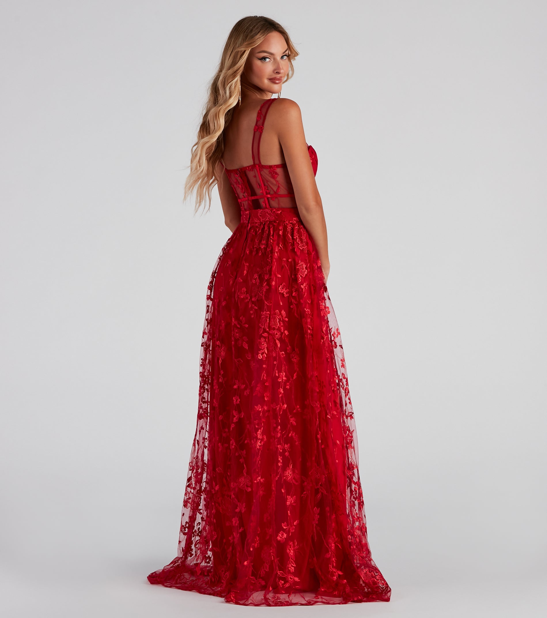 Alina Formal Illusion Lace A-Line Dress - RED