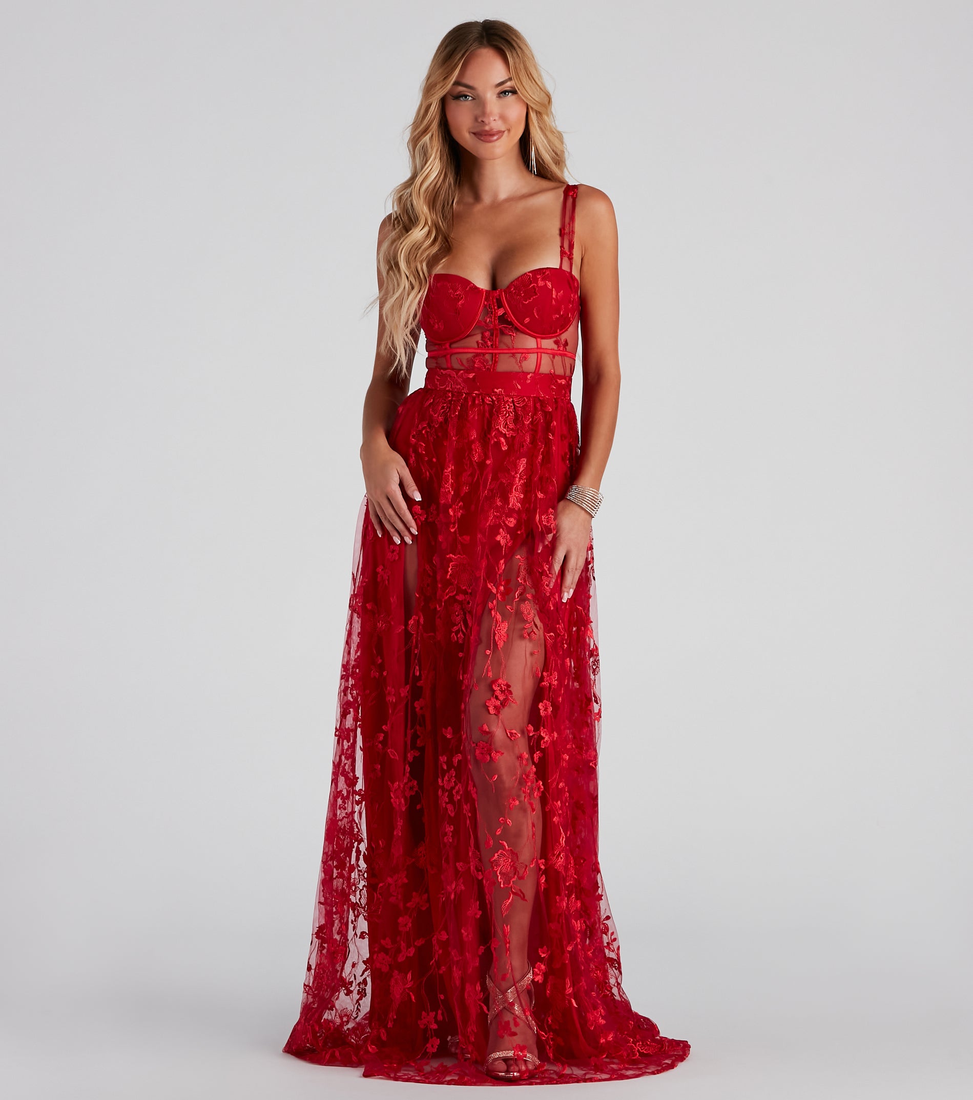 Alina Formal Illusion Lace A-Line Dress - RED