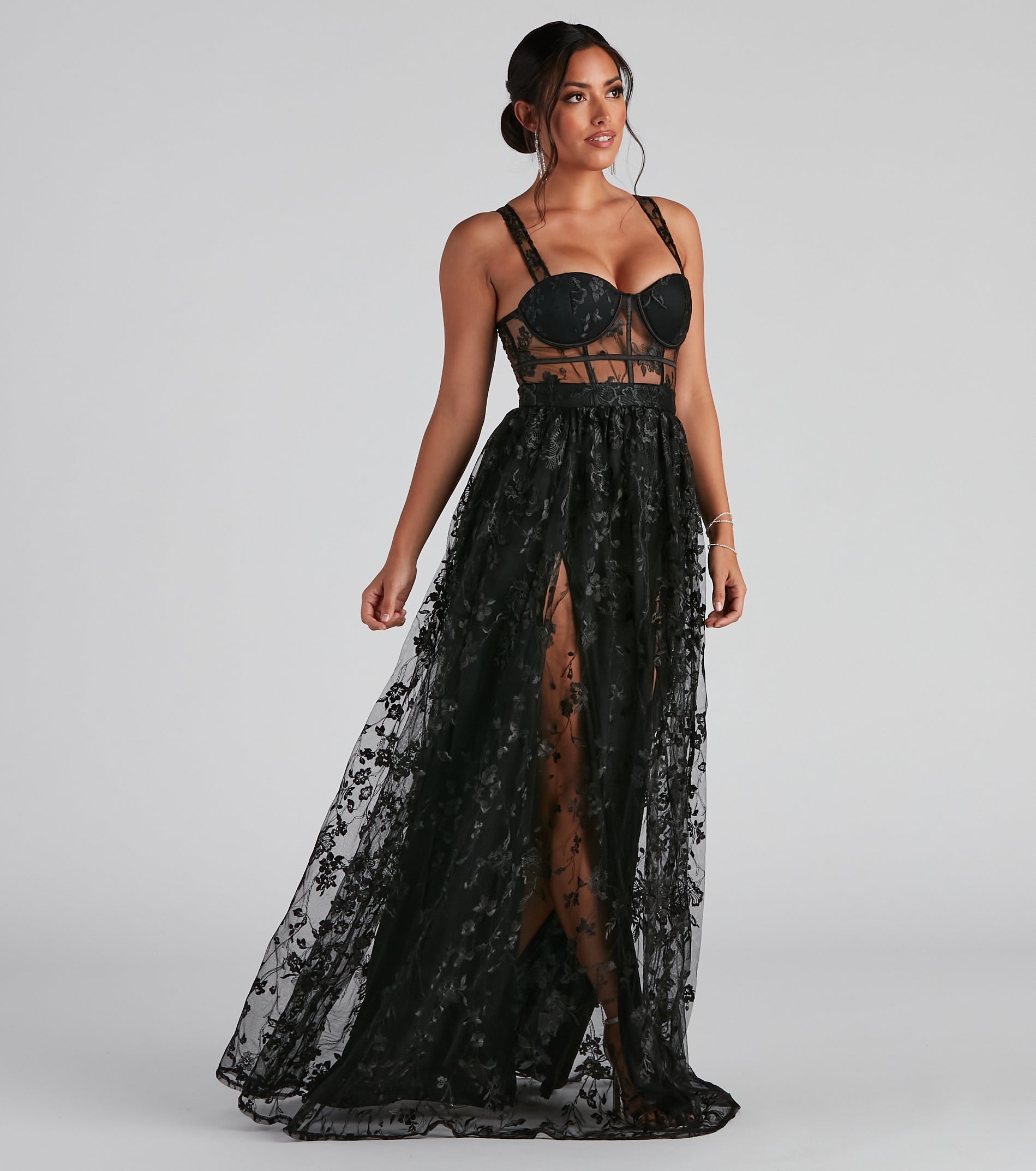 Alina Formal Illusion Lace A-Line Dress - BLACK