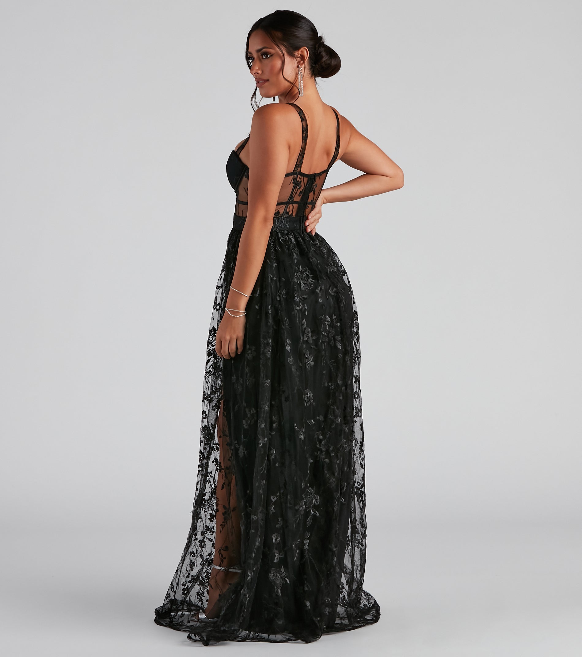 Alina Formal Illusion Lace A-Line Dress - BLACK