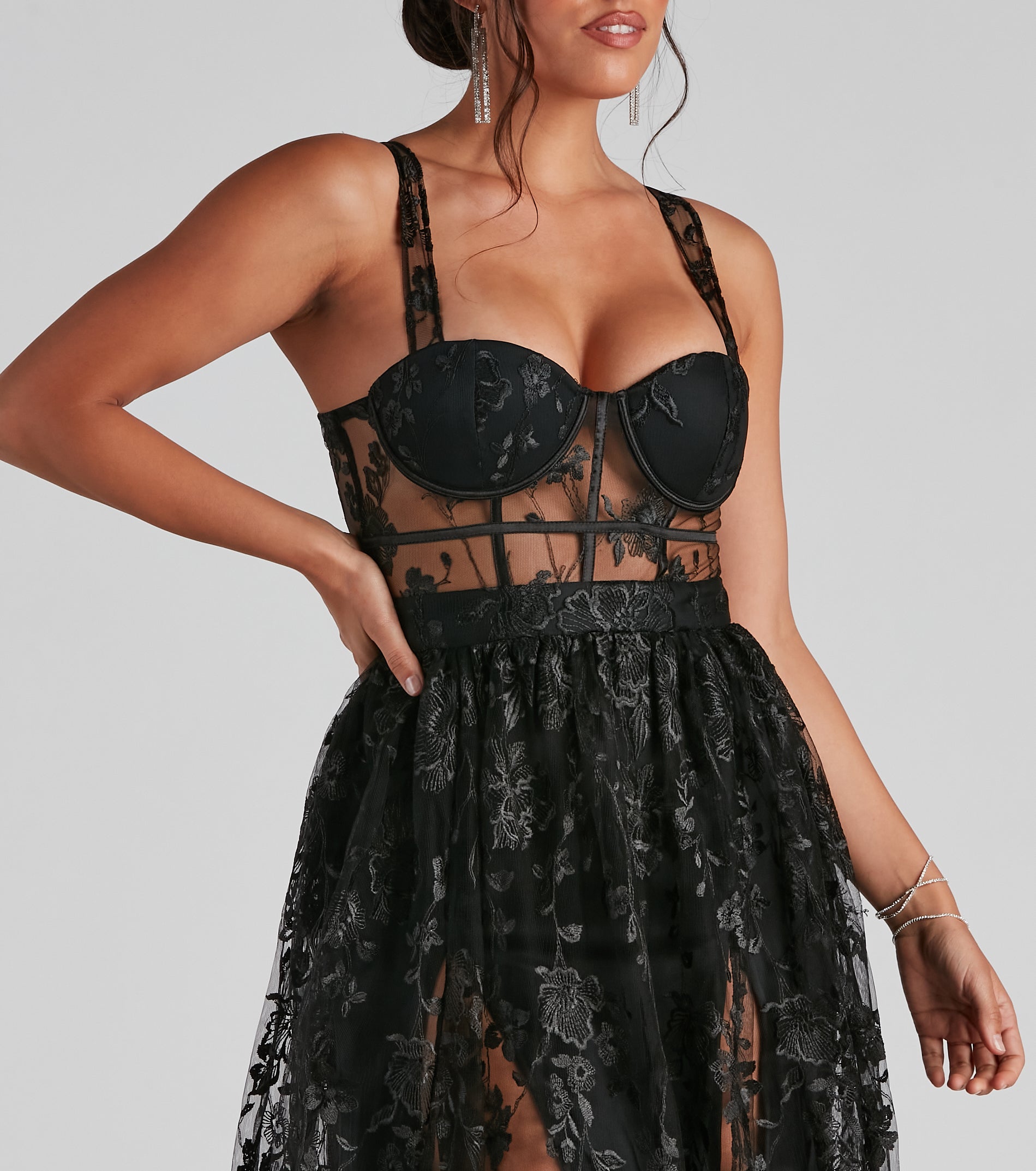 Alina Formal Illusion Lace A-Line Dress - BLACK