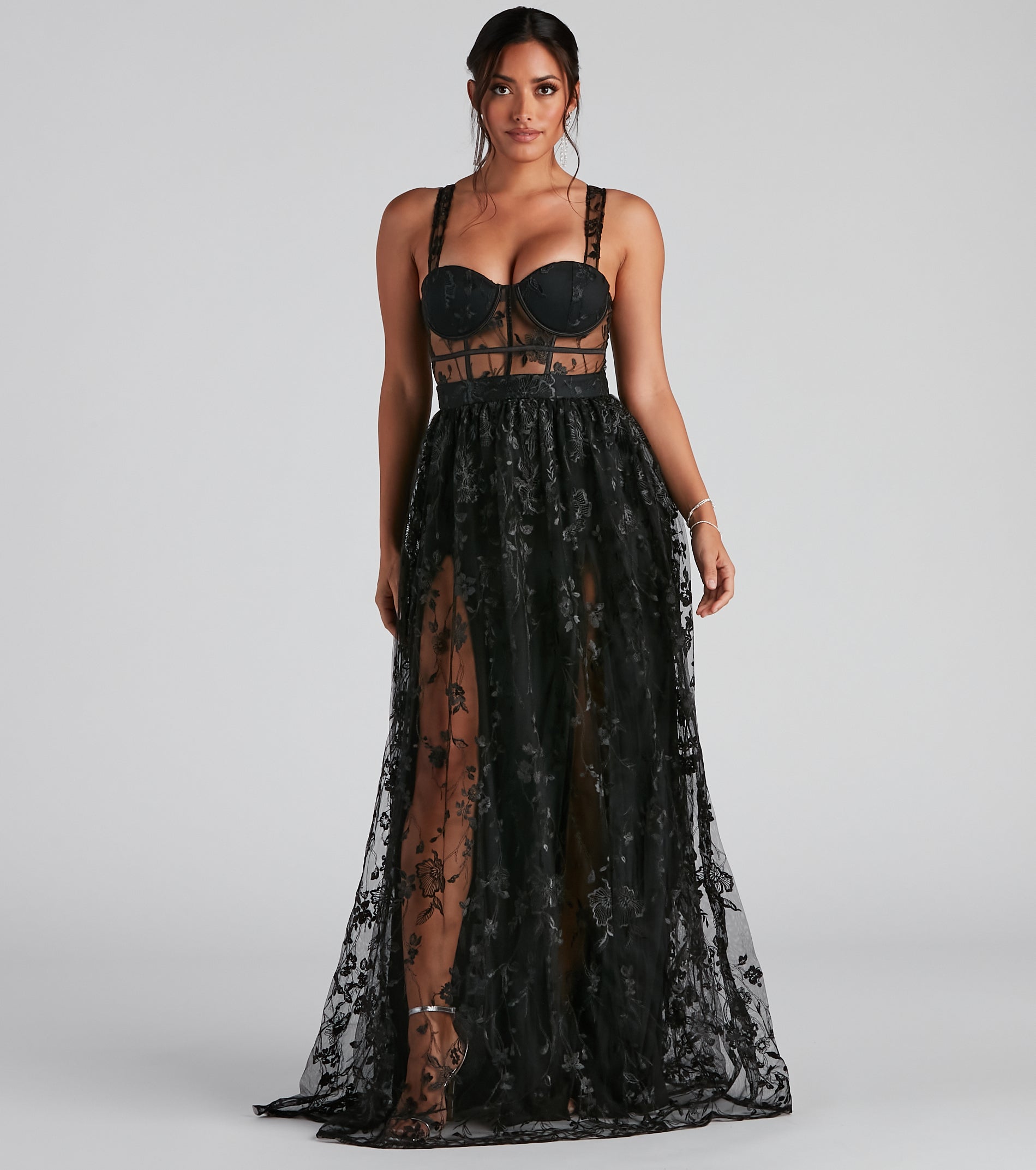 Alina Formal Illusion Lace A-Line Dress - BLACK
