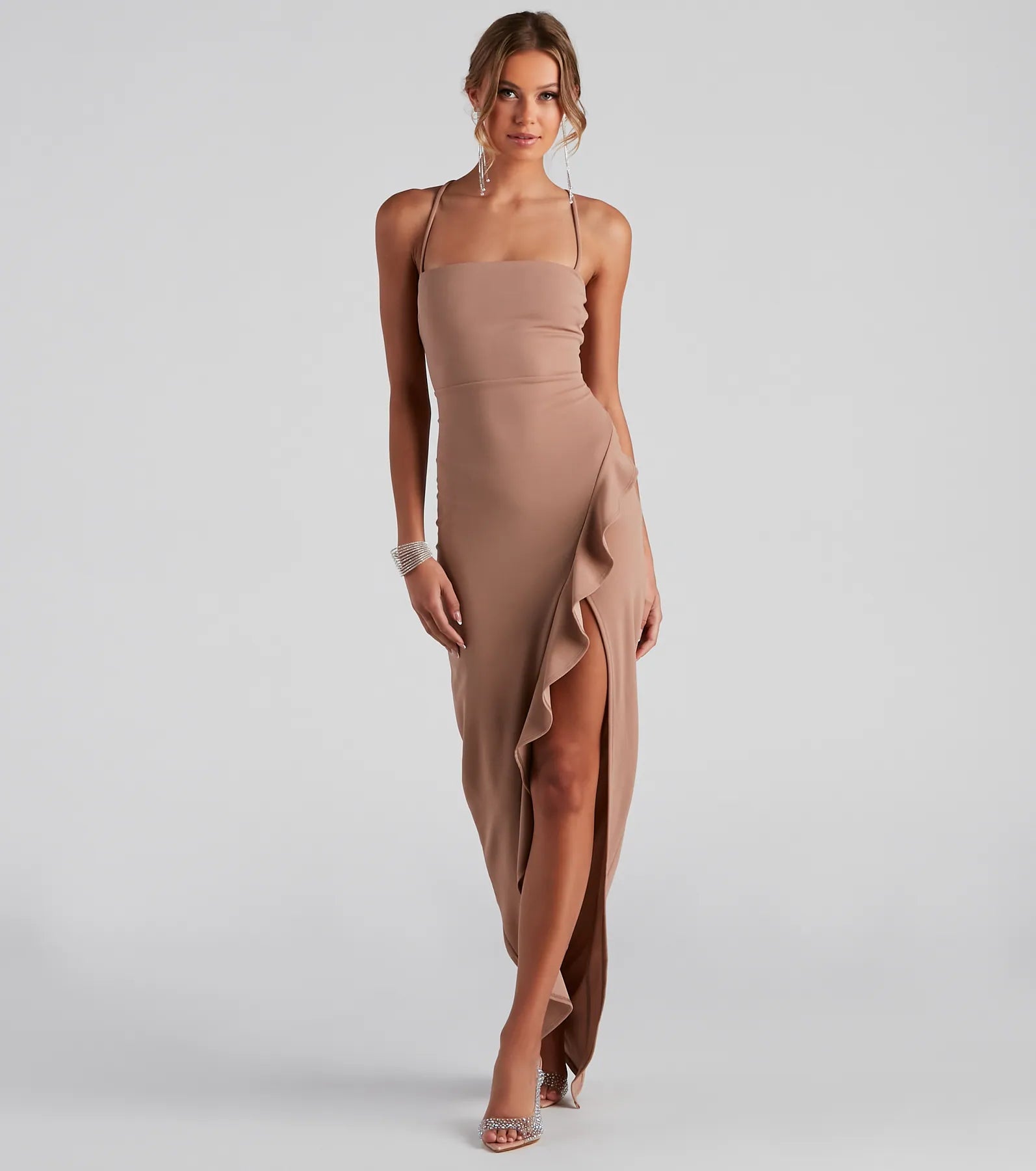 Tiffany Sleeveless High Slit Formal Dress - TAUPE