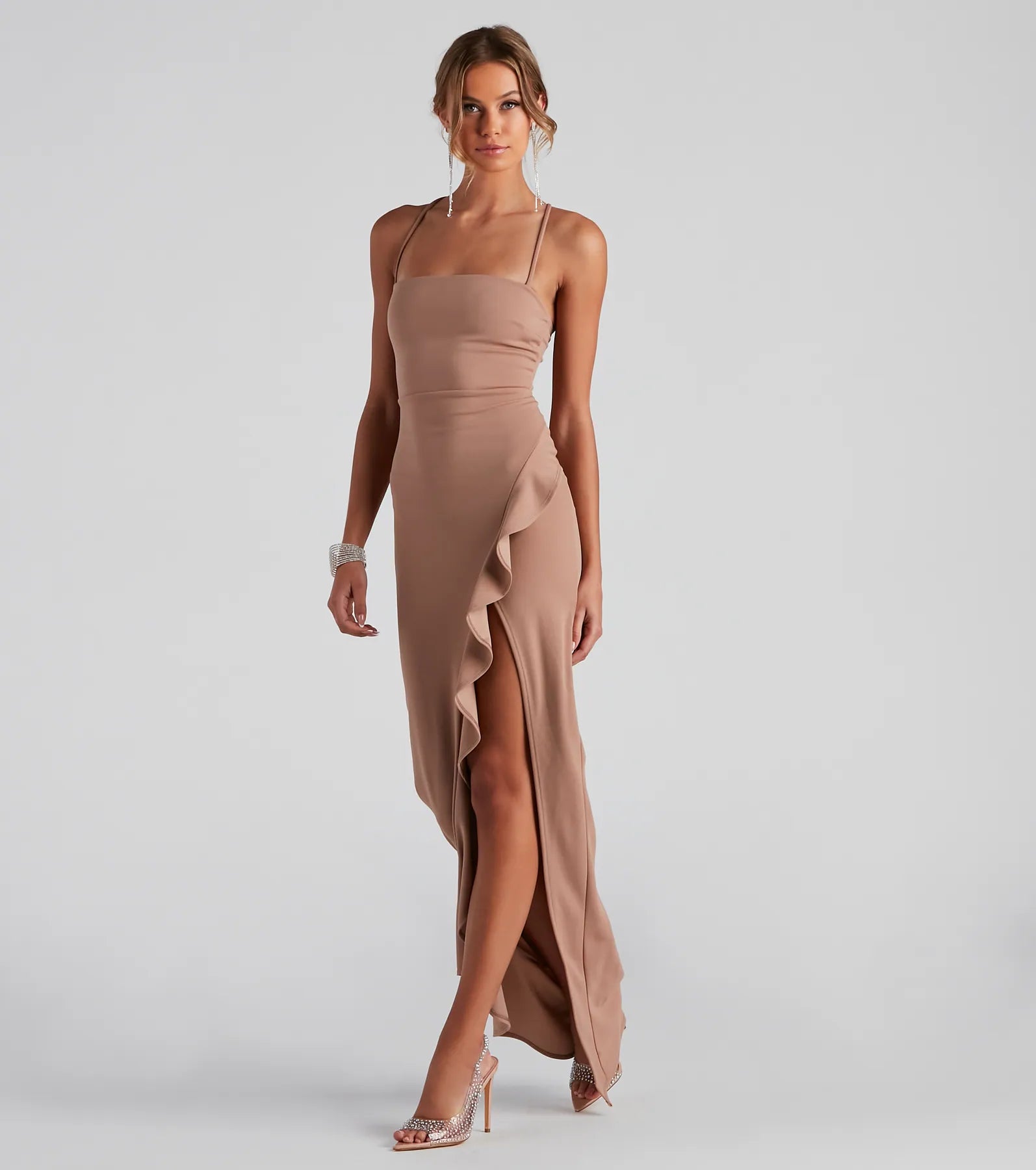 Tiffany Sleeveless High Slit Formal Dress - TAUPE