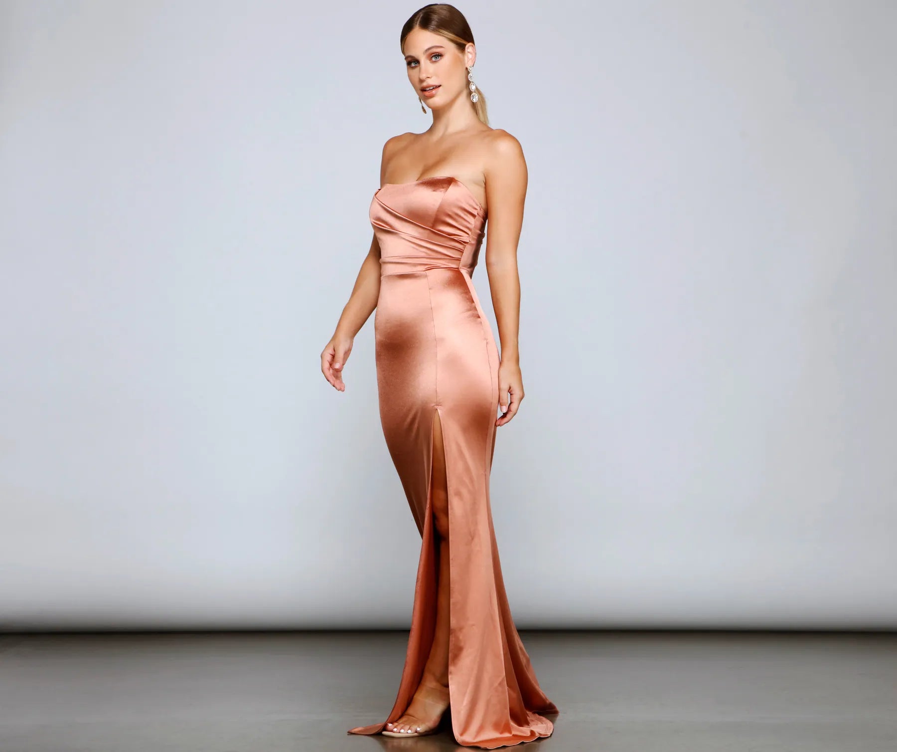 Gianna Strapless High-Slit Satin Dress - ROSE GOLD