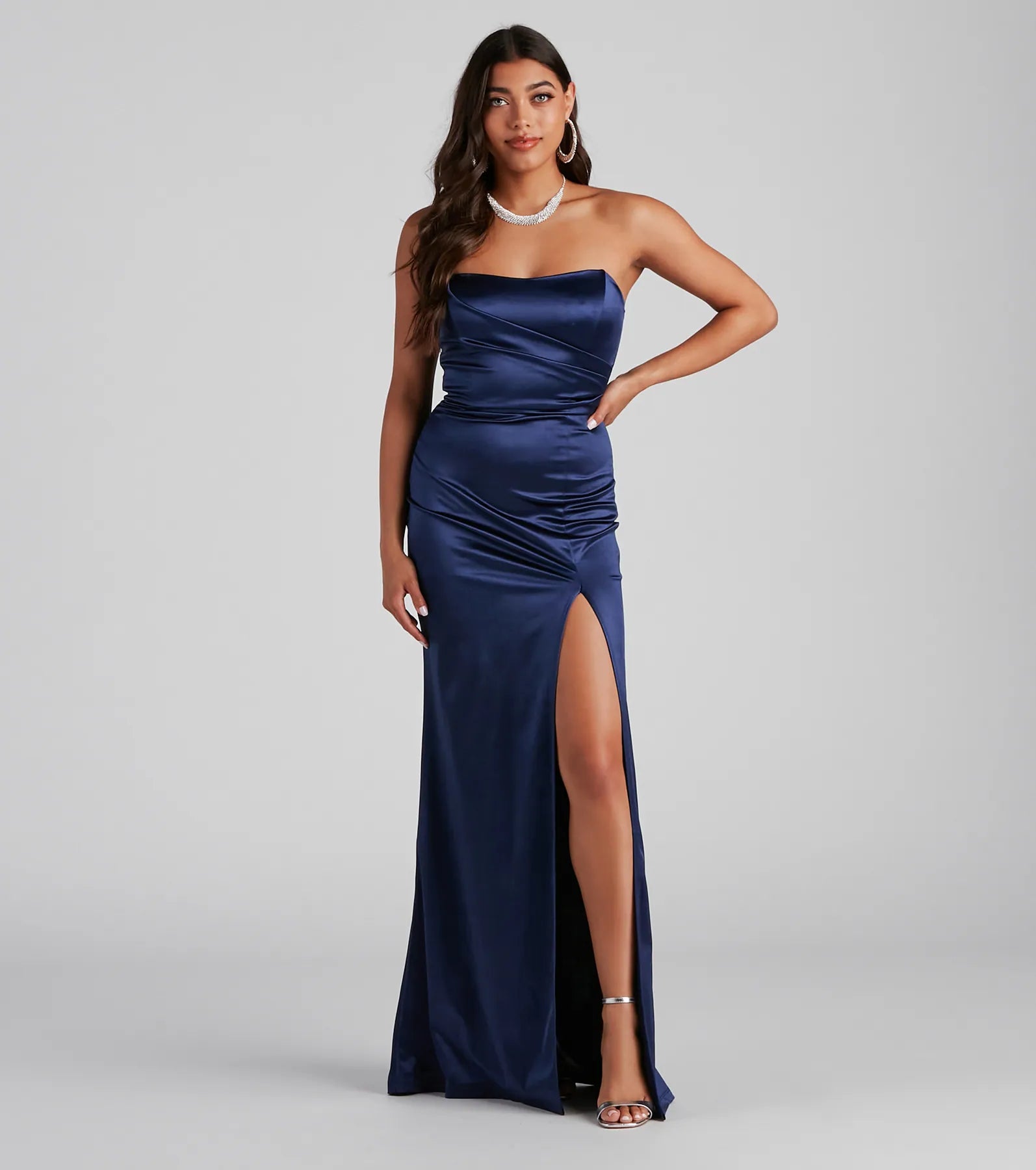 Gianna Strapless High-Slit Satin Dress - NAVY