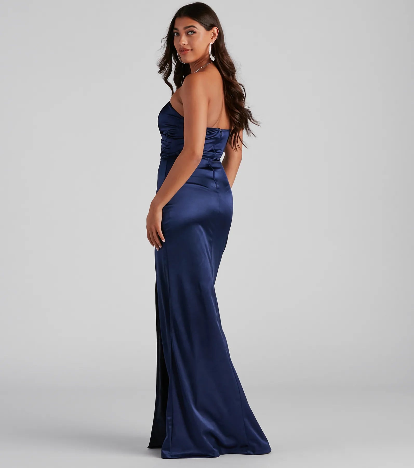 Gianna Strapless High-Slit Satin Dress - NAVY