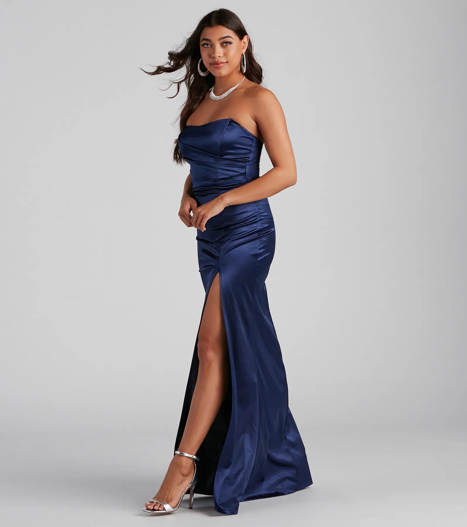 Gianna Strapless High-Slit Satin Dress - NAVY