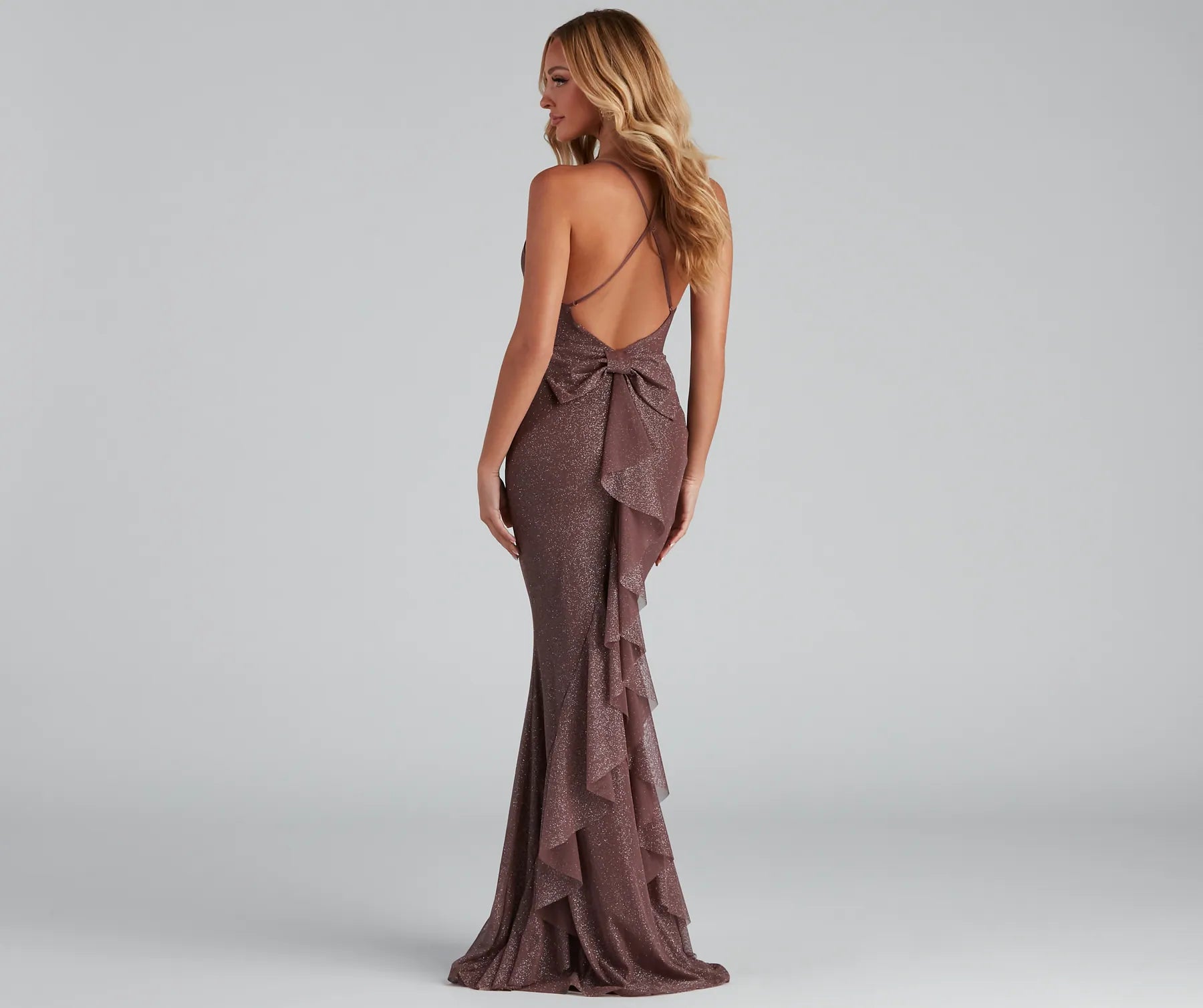 Linda Formal Glitter Ruffled Dress - BROWN