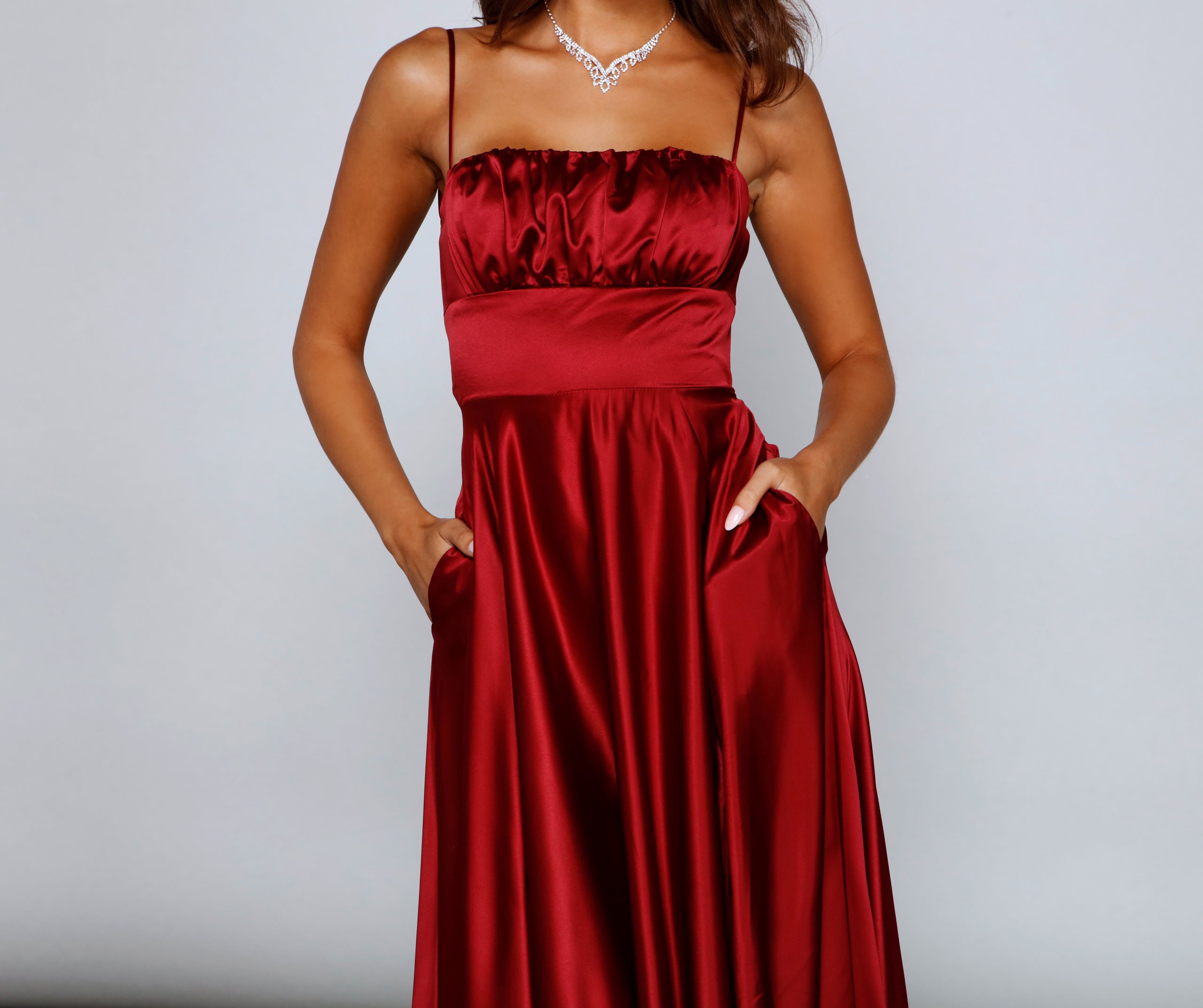 Jenny A-Line Satin Formal Dress - WINE