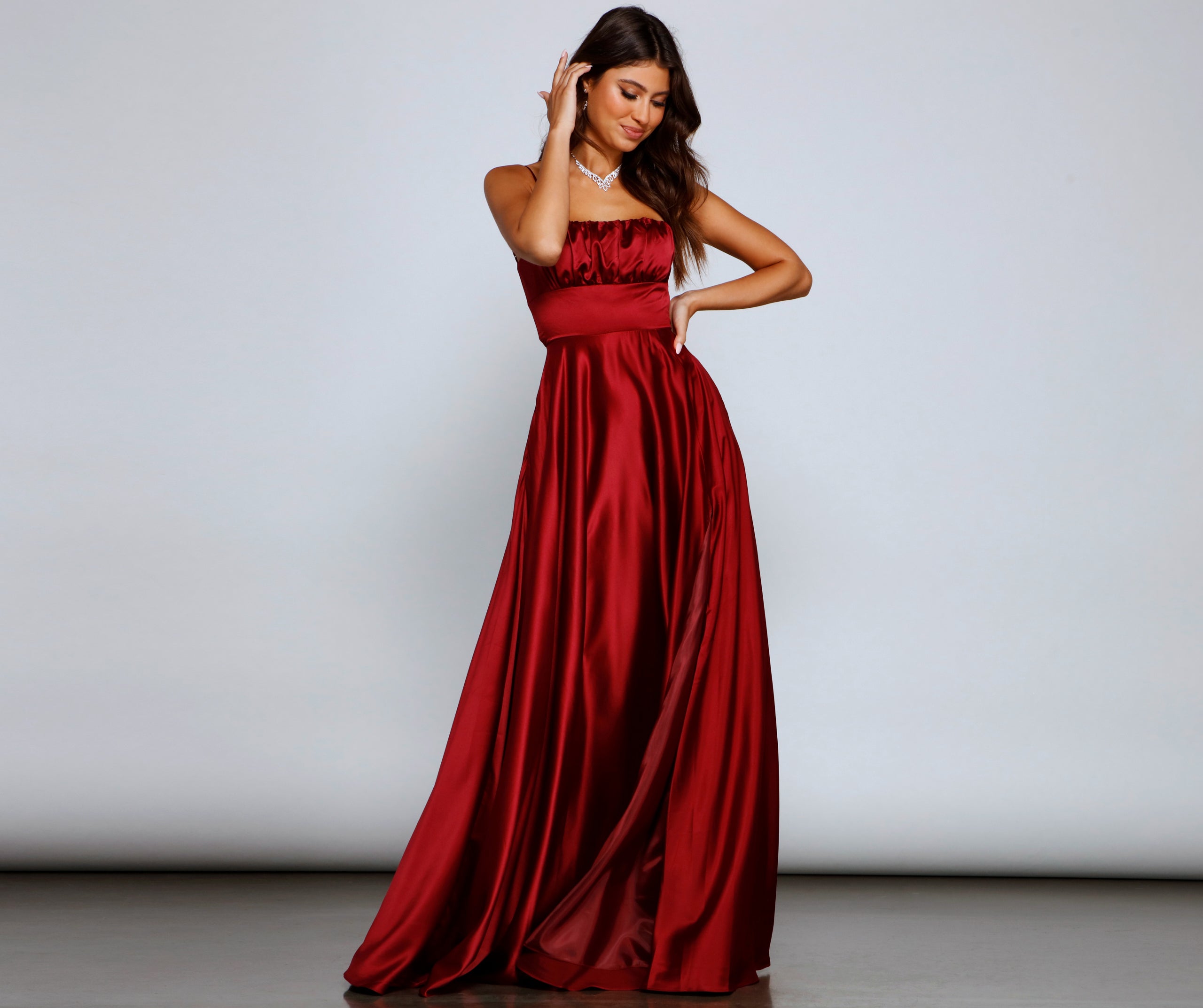 Jenny A-Line Satin Formal Dress - WINE