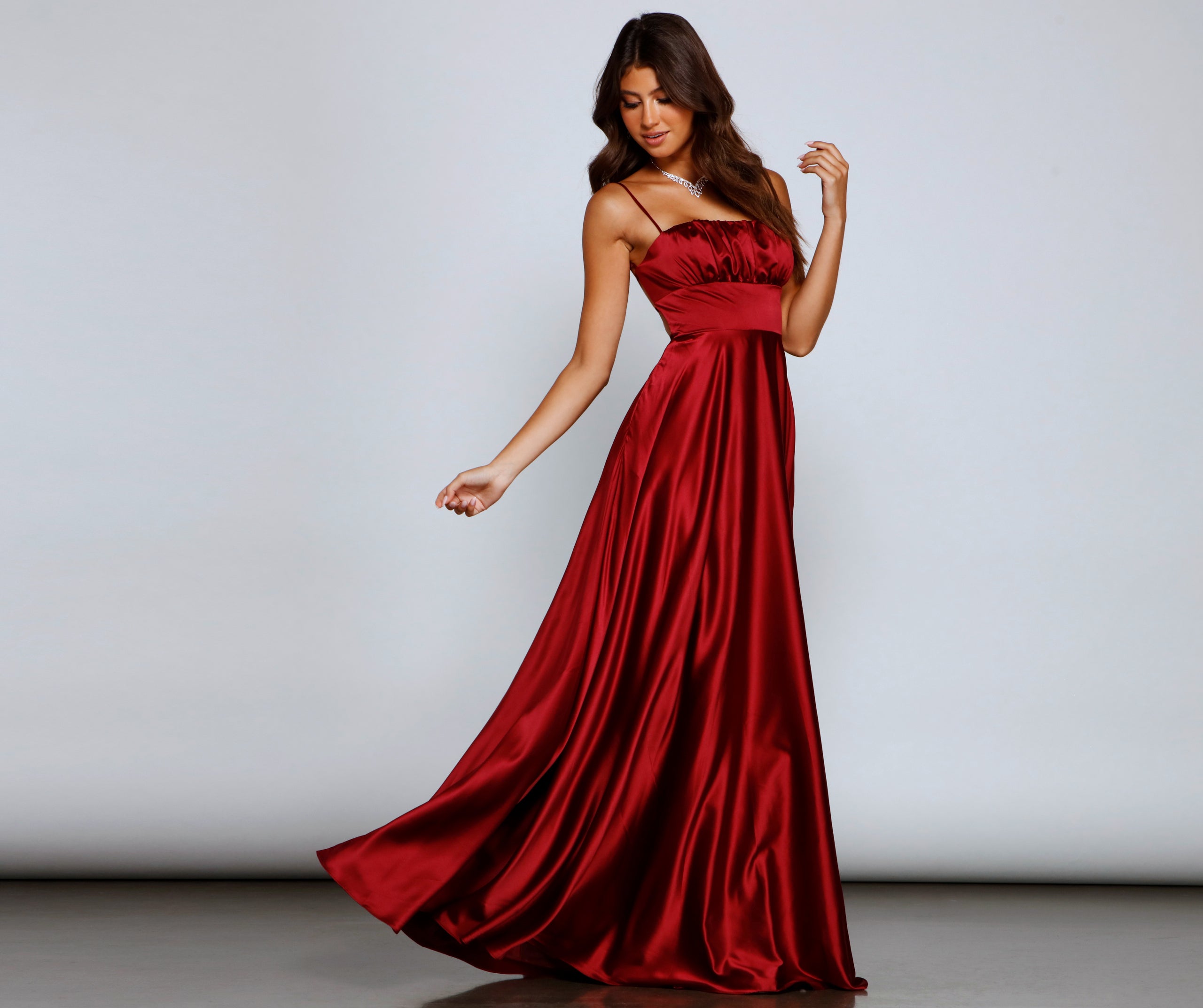 Jenny A-Line Satin Formal Dress - WINE