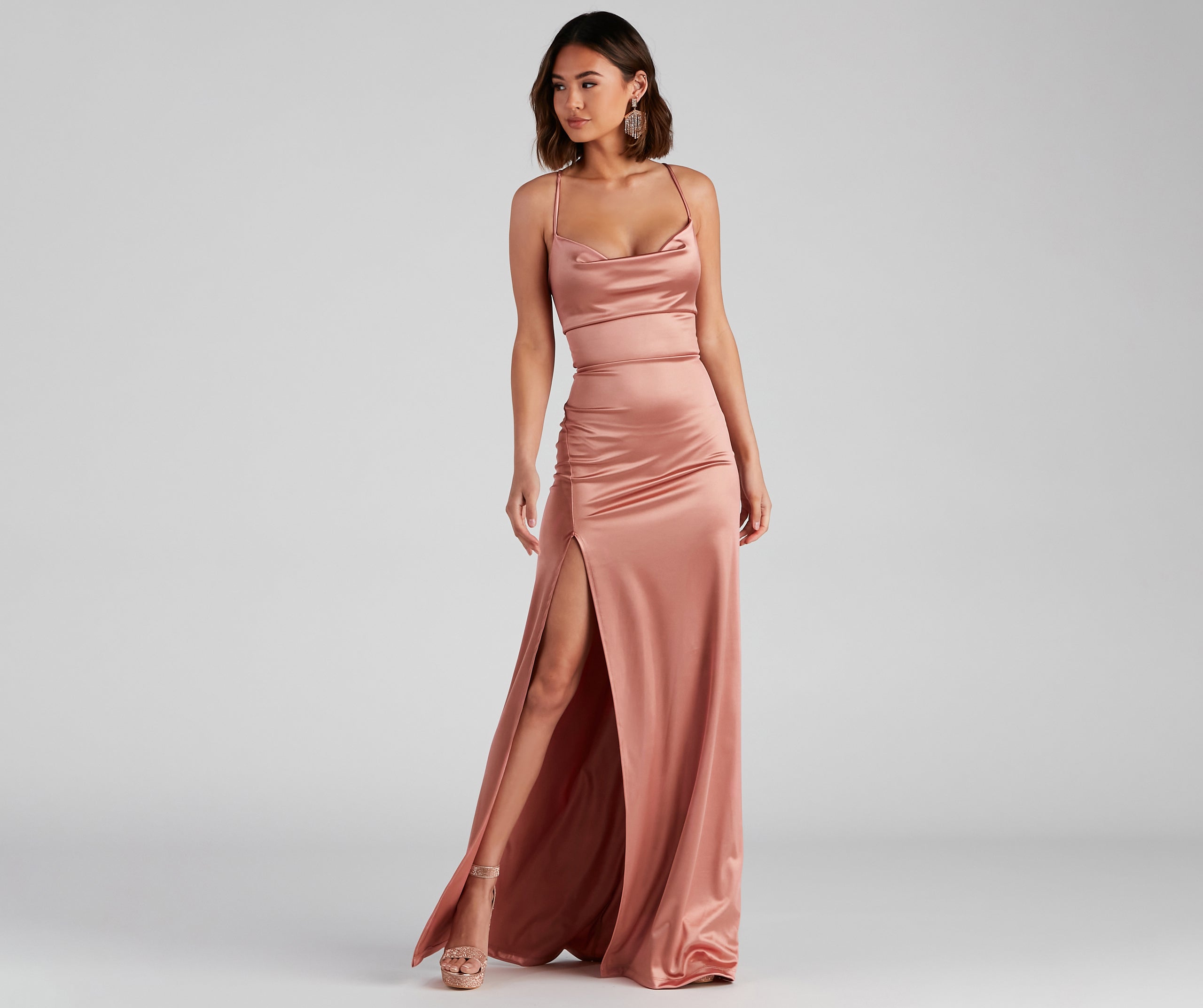 Cassie Sleeveless Satin High Slit Formal Dress - ROSE GOLD