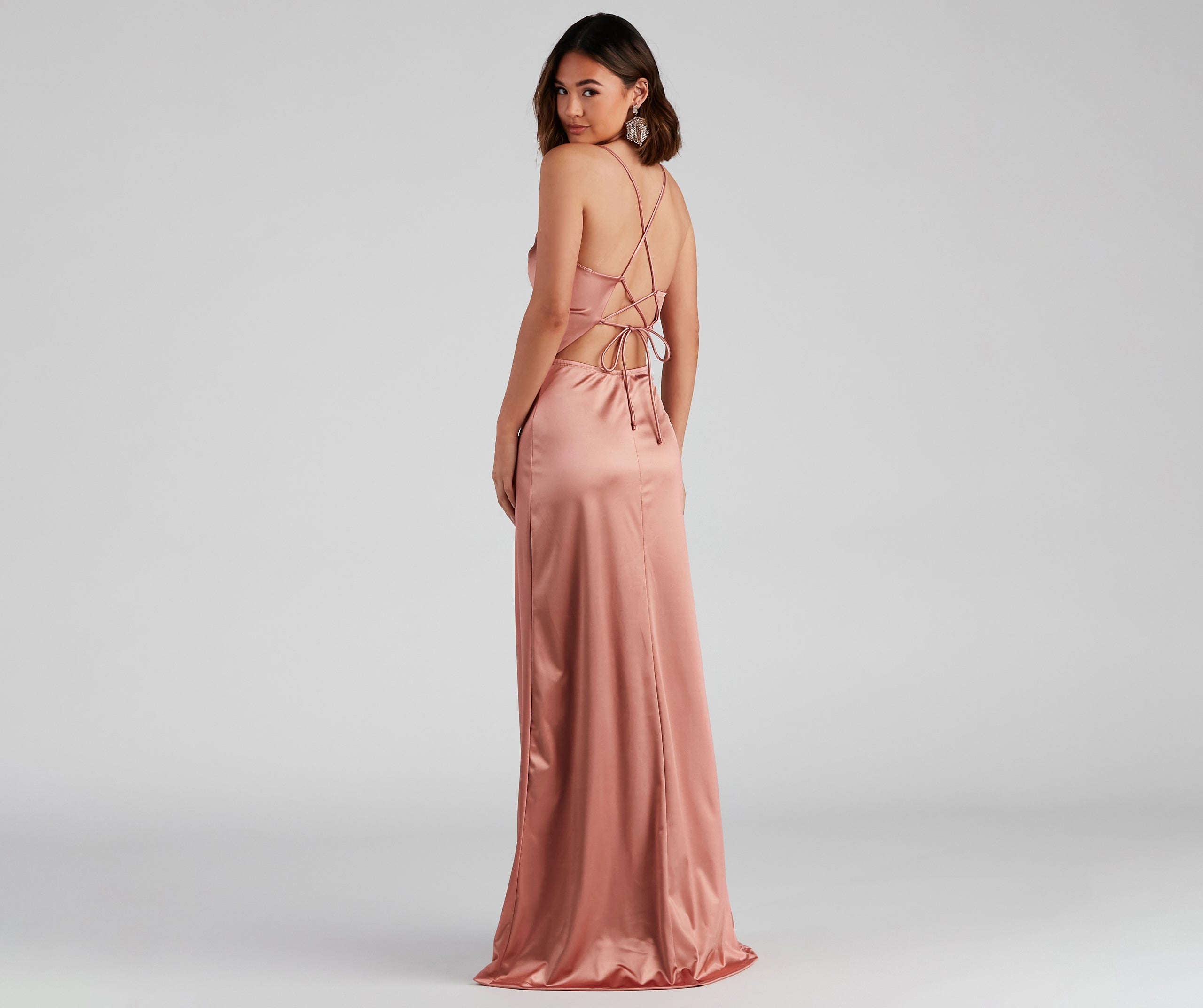 Cassie Sleeveless Satin High Slit Formal Dress - ROSE GOLD