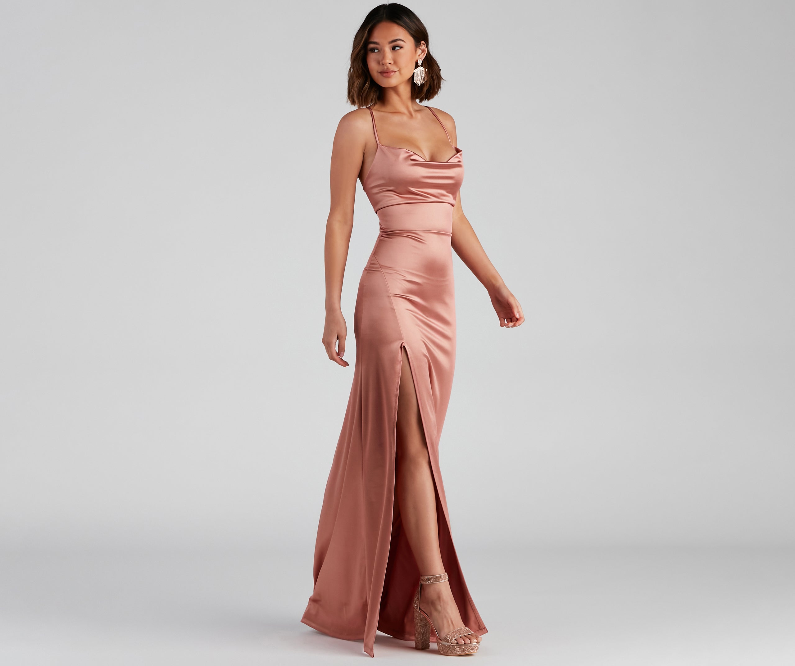 Cassie Sleeveless Satin High Slit Formal Dress - ROSE GOLD