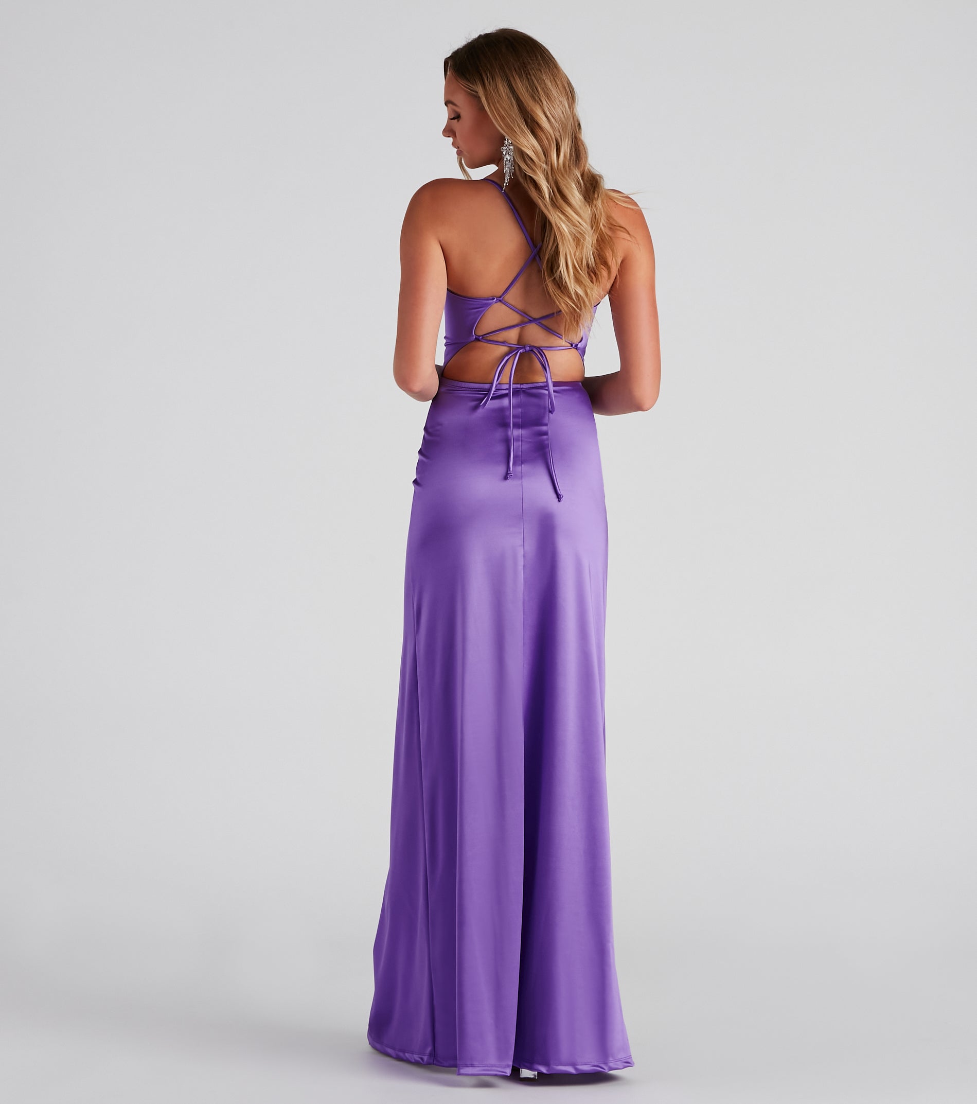 Cassie Sleeveless Satin High Slit Formal Dress - LAVENDER