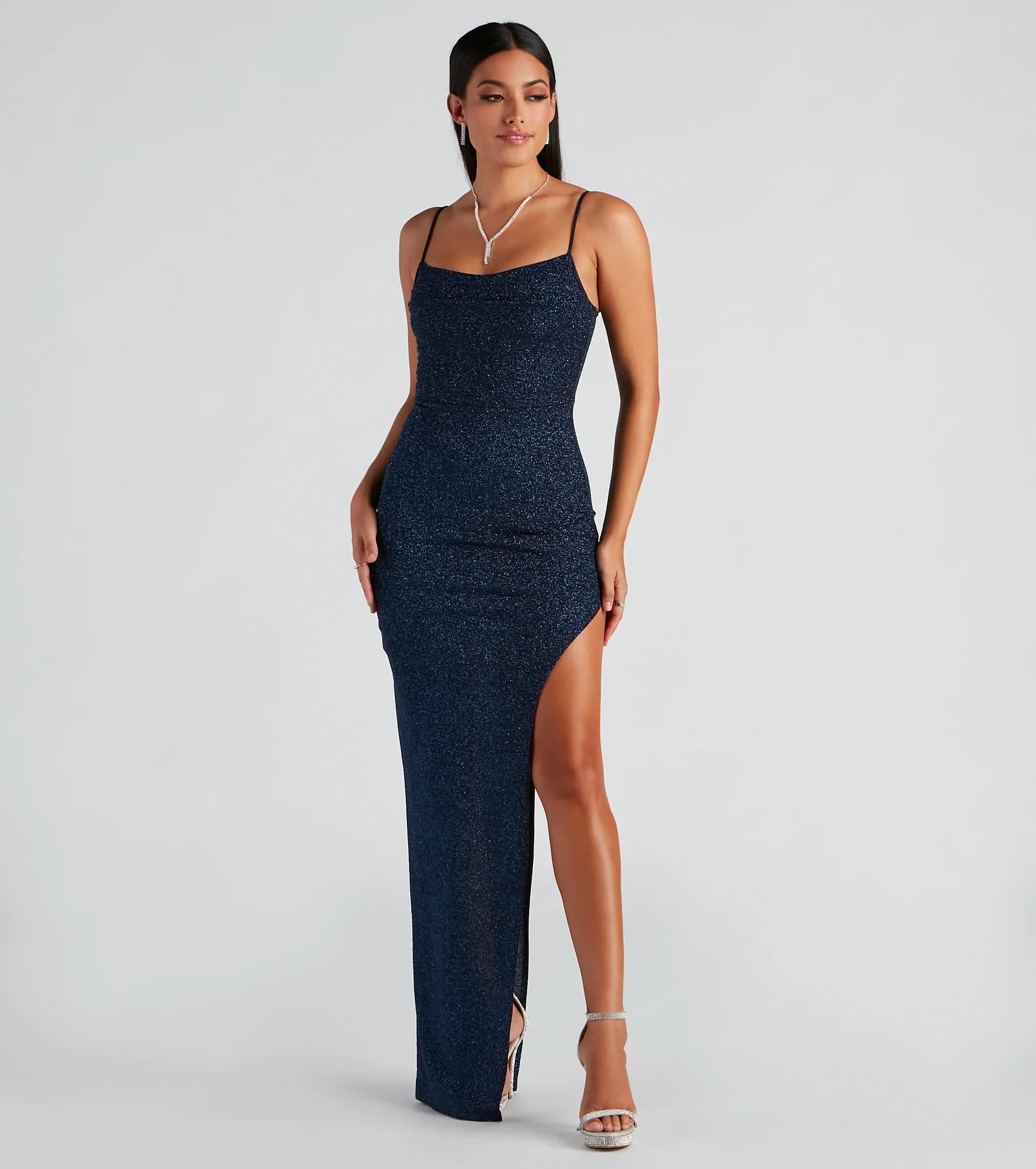 Lola Formal High Slit Glitzy Glitter Dress - NAVY