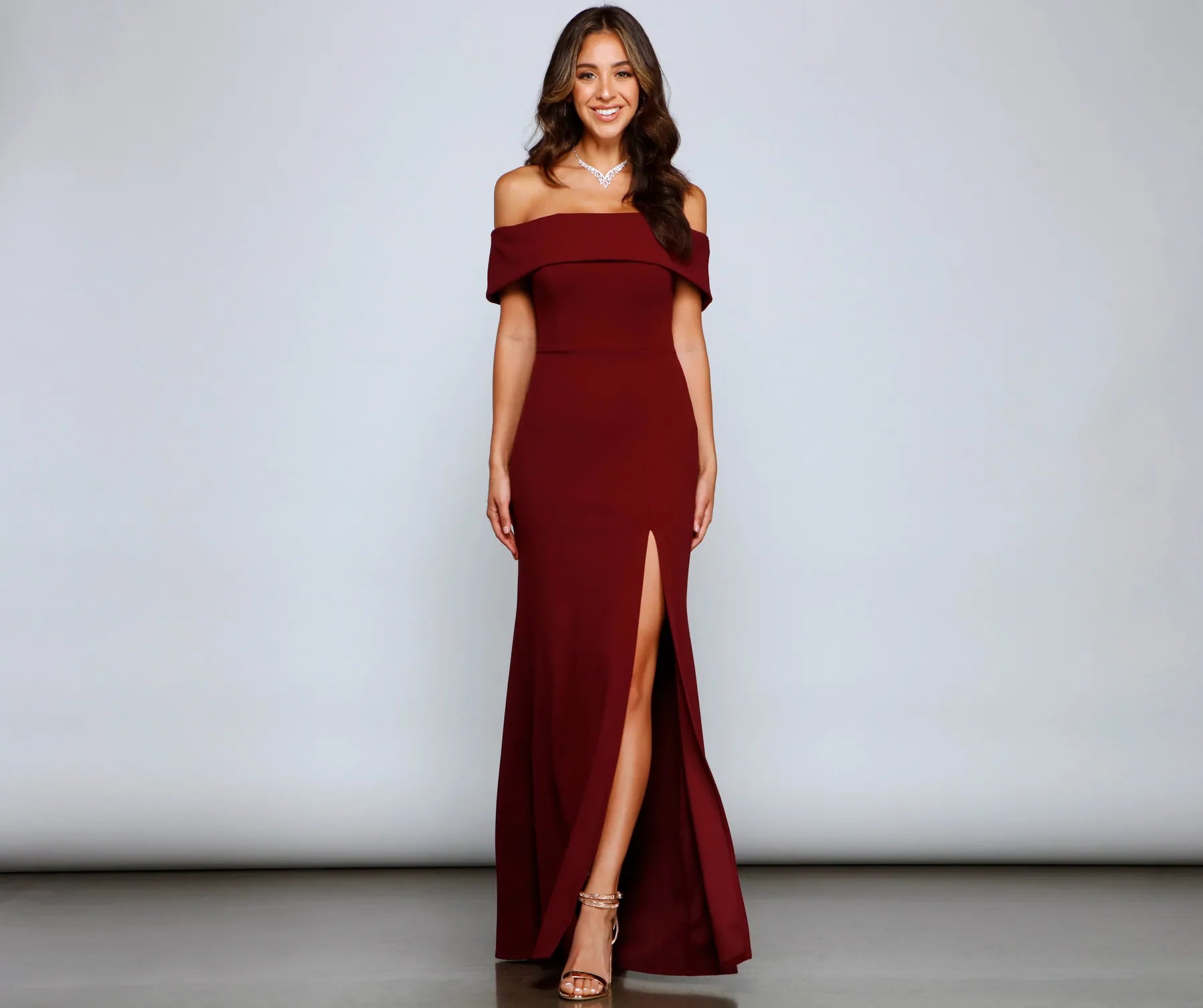 Coralie Off Shoulder Front Slit Dress - BURGUNDY