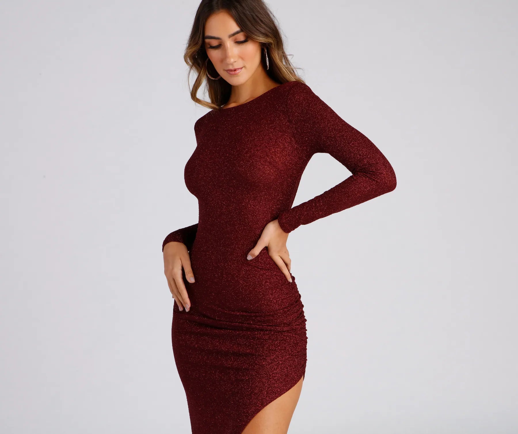 Denise Long Sleeve Glitter Knit Dress - BURGUNDY