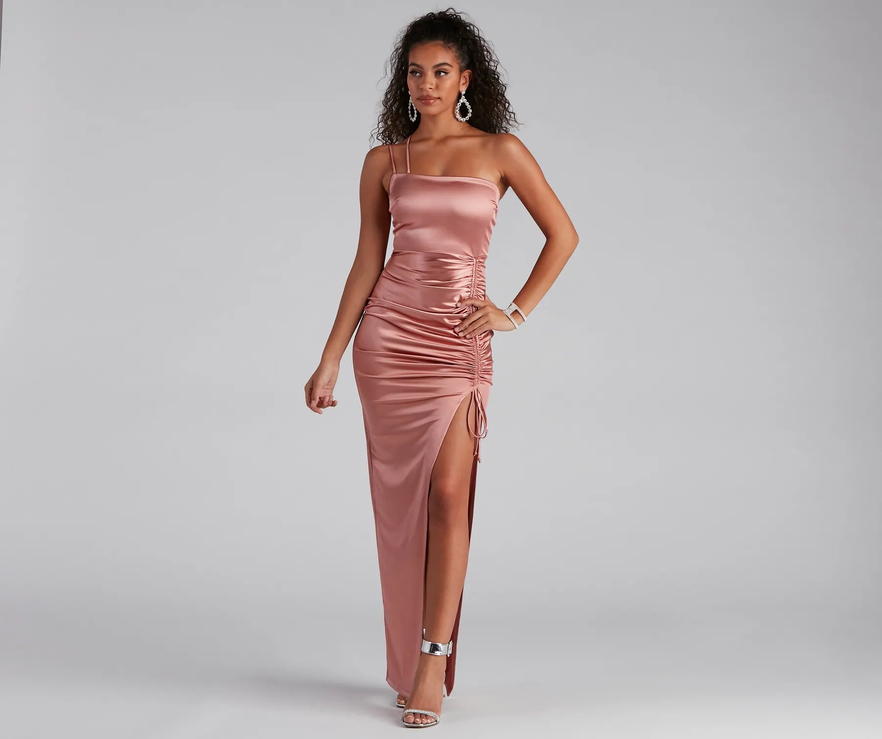 Norah Formal High Slit Satin Dress - ROSE GOLD