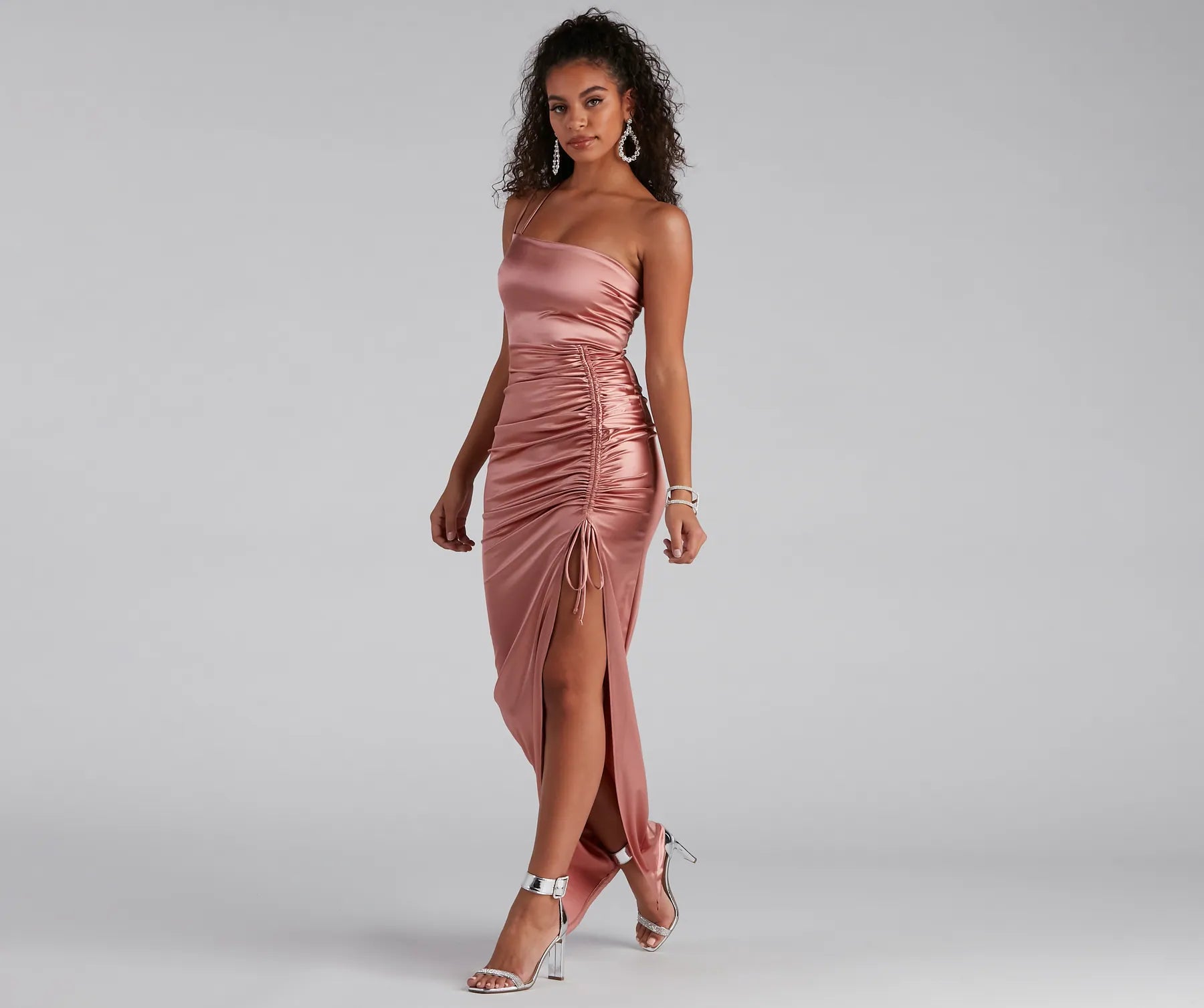 Norah Formal High Slit Satin Dress - ROSE GOLD