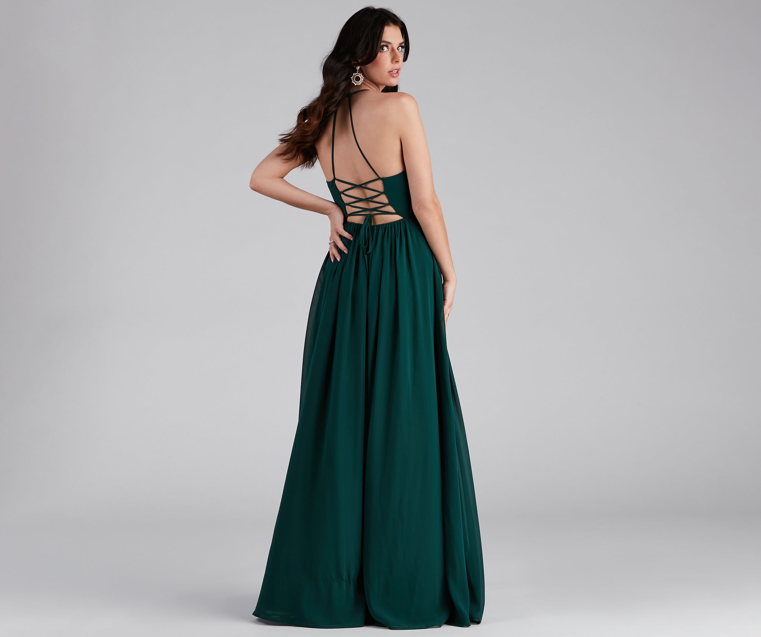 Shailene Lace Back Chiffon Formal Dress - HUNTER