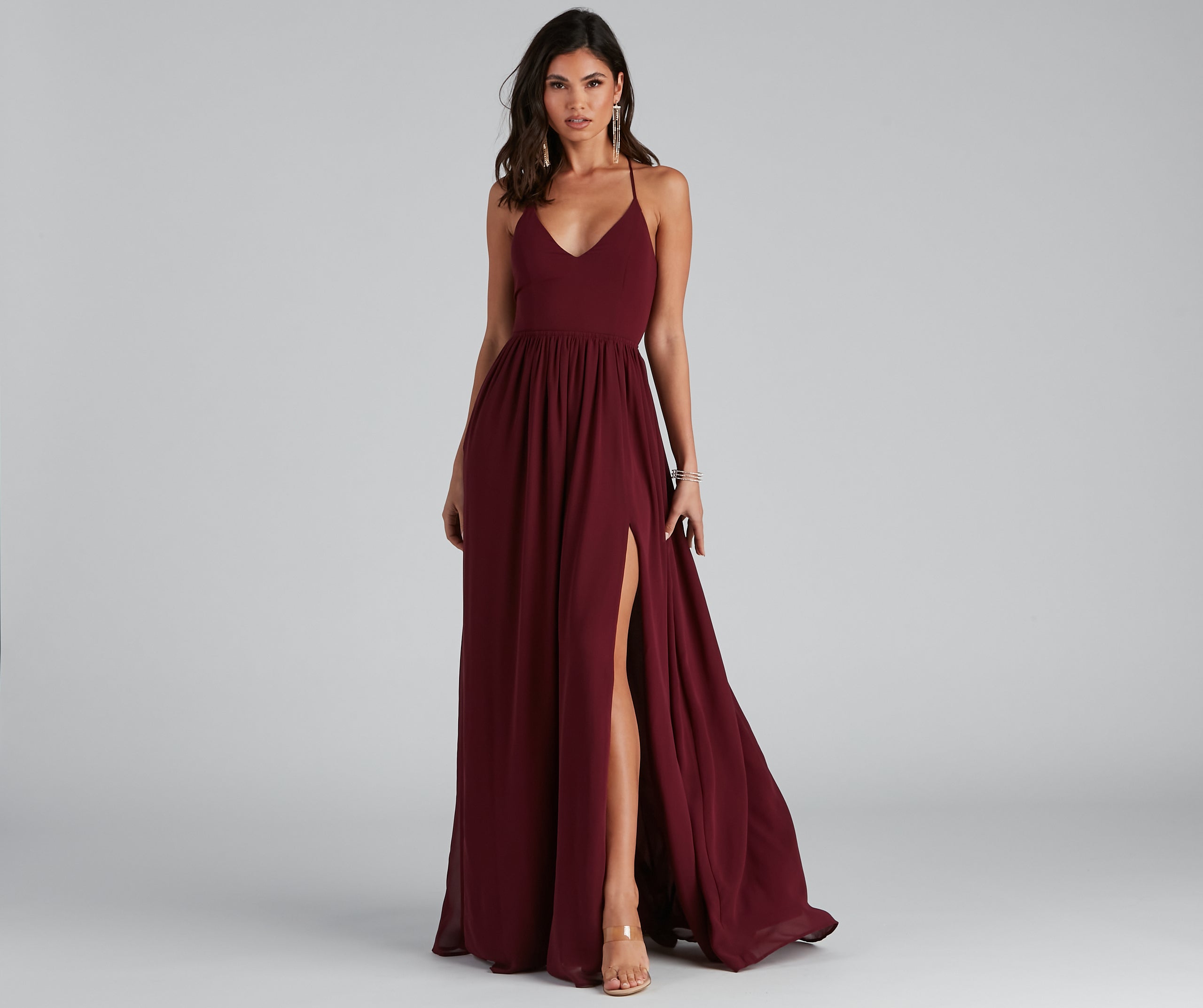 Shailene Lace Back Chiffon Formal Dress - BURGUNDY
