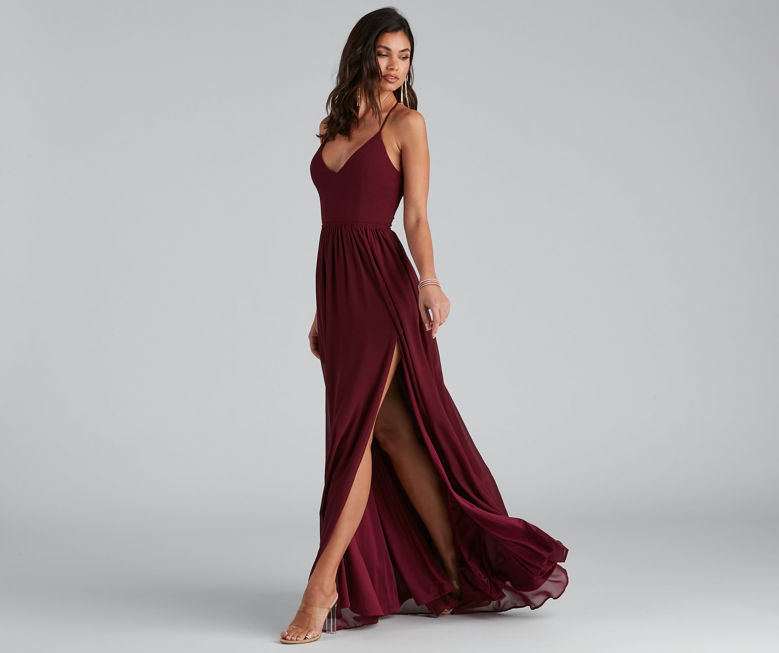 Shailene Lace Back Chiffon Formal Dress - BURGUNDY