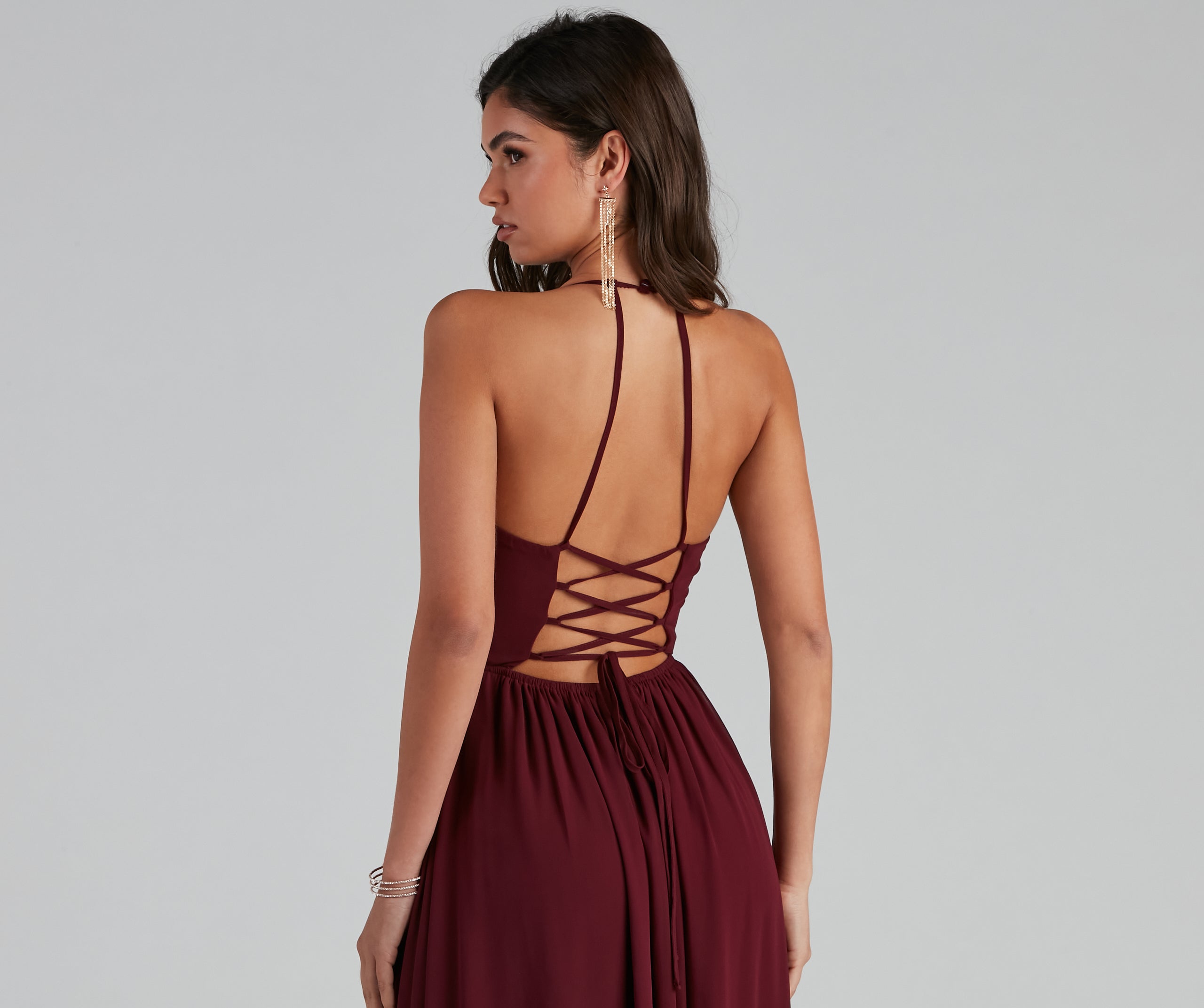 Shailene Lace Back Chiffon Formal Dress - BURGUNDY