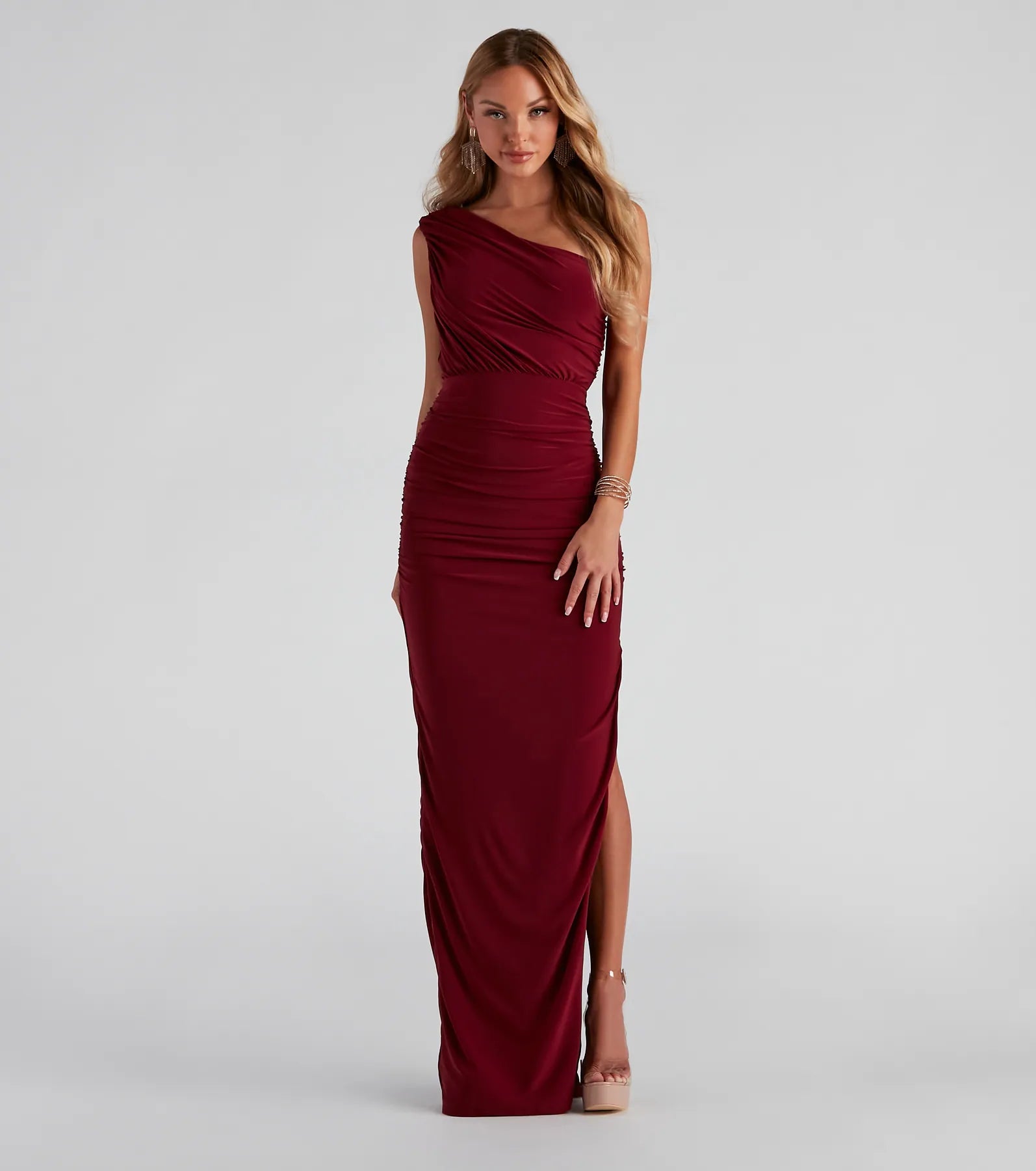Adora Formal One-Shoulder Ruched Dress - BURGUNDY