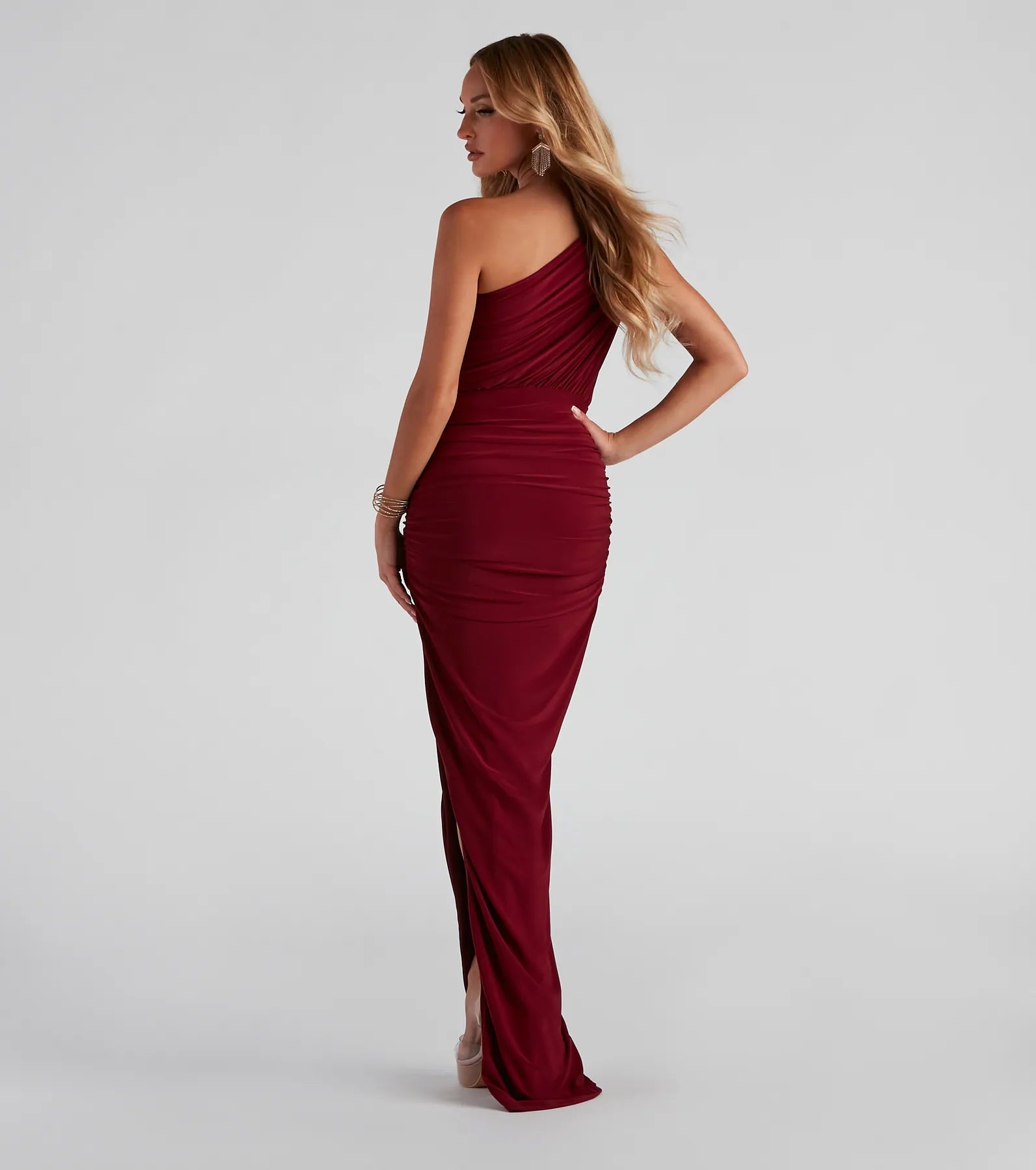Adora Formal One-Shoulder Ruched Dress - BURGUNDY